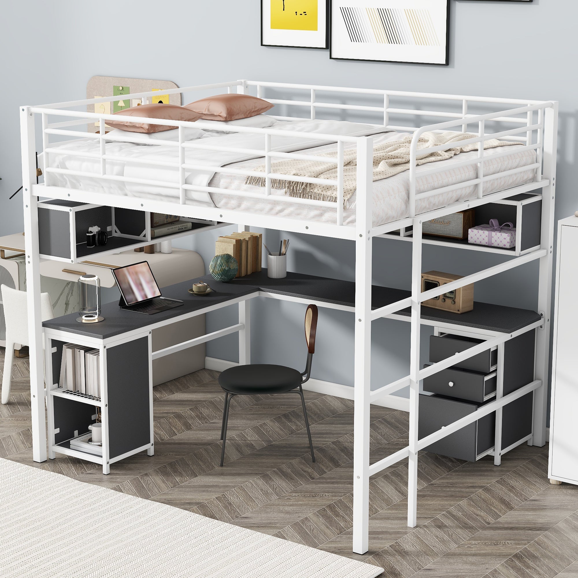 Metal Loft Bed with bookcase, desk and cabinet, Full, White