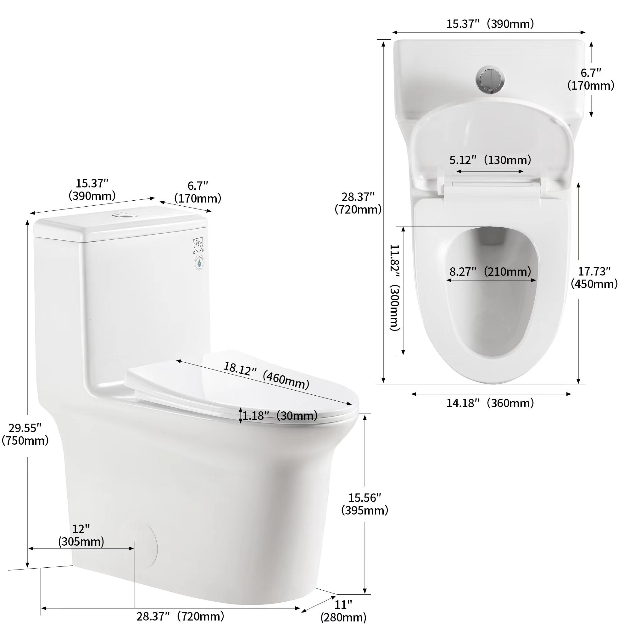 1.1/1.6 GPF Elongated Comfort Height Super Quite Flushing Floor Mounted One-Piece Toilet, CUPC Certified, WaterSense Cetified, Ceramic, White Color, Soft Close Seat