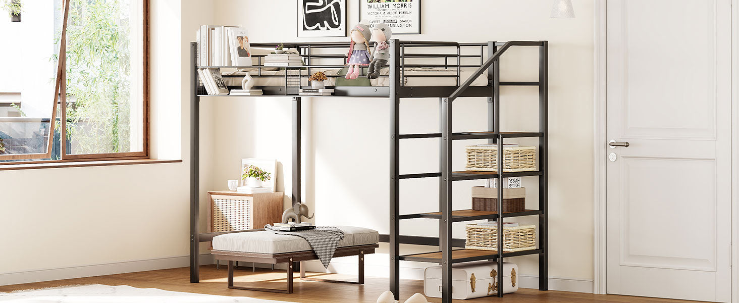 Twin Size Metal Loft Bed with Upper Grid Storage Shelf and Lateral Storage Ladder, Black