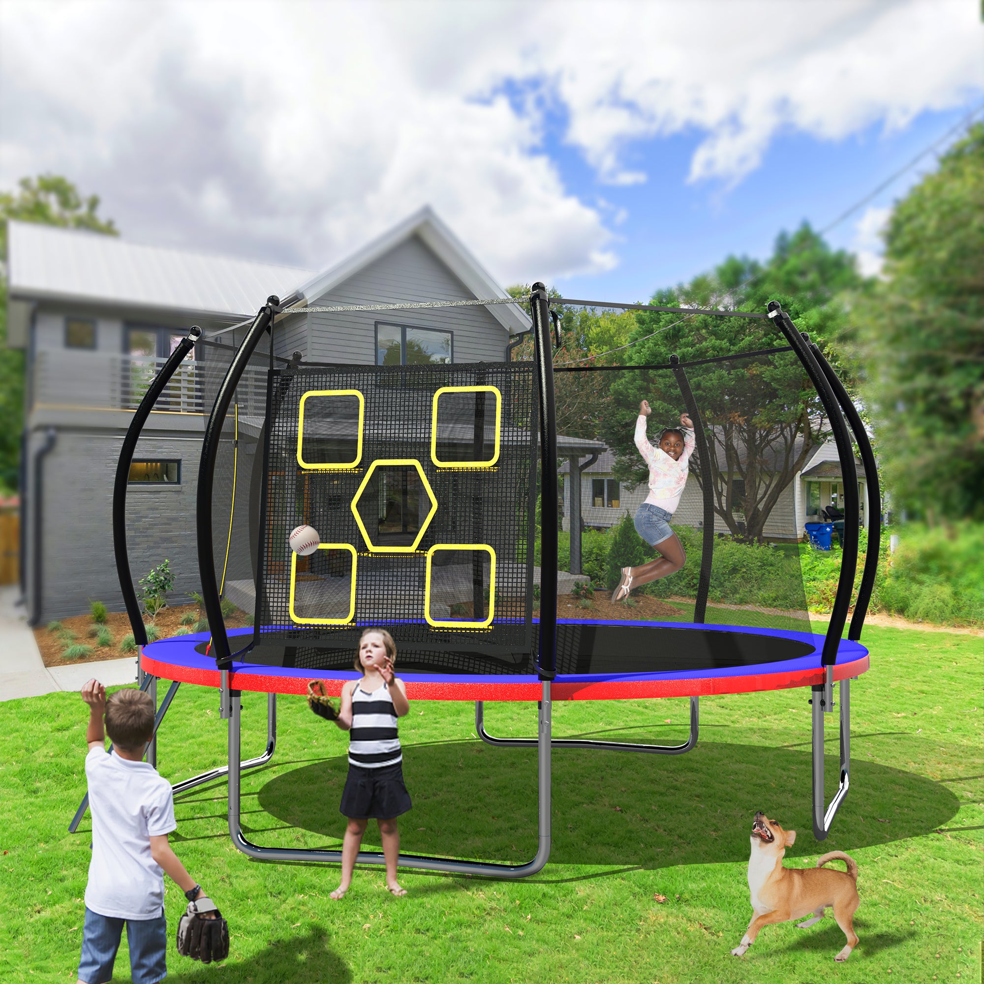 14FT Trampoline, Outdoor Trampolines for Kids and Adults, Recreational Trampoline with Enclosure Net & Ladder, Round Trampoline ASTM Approved