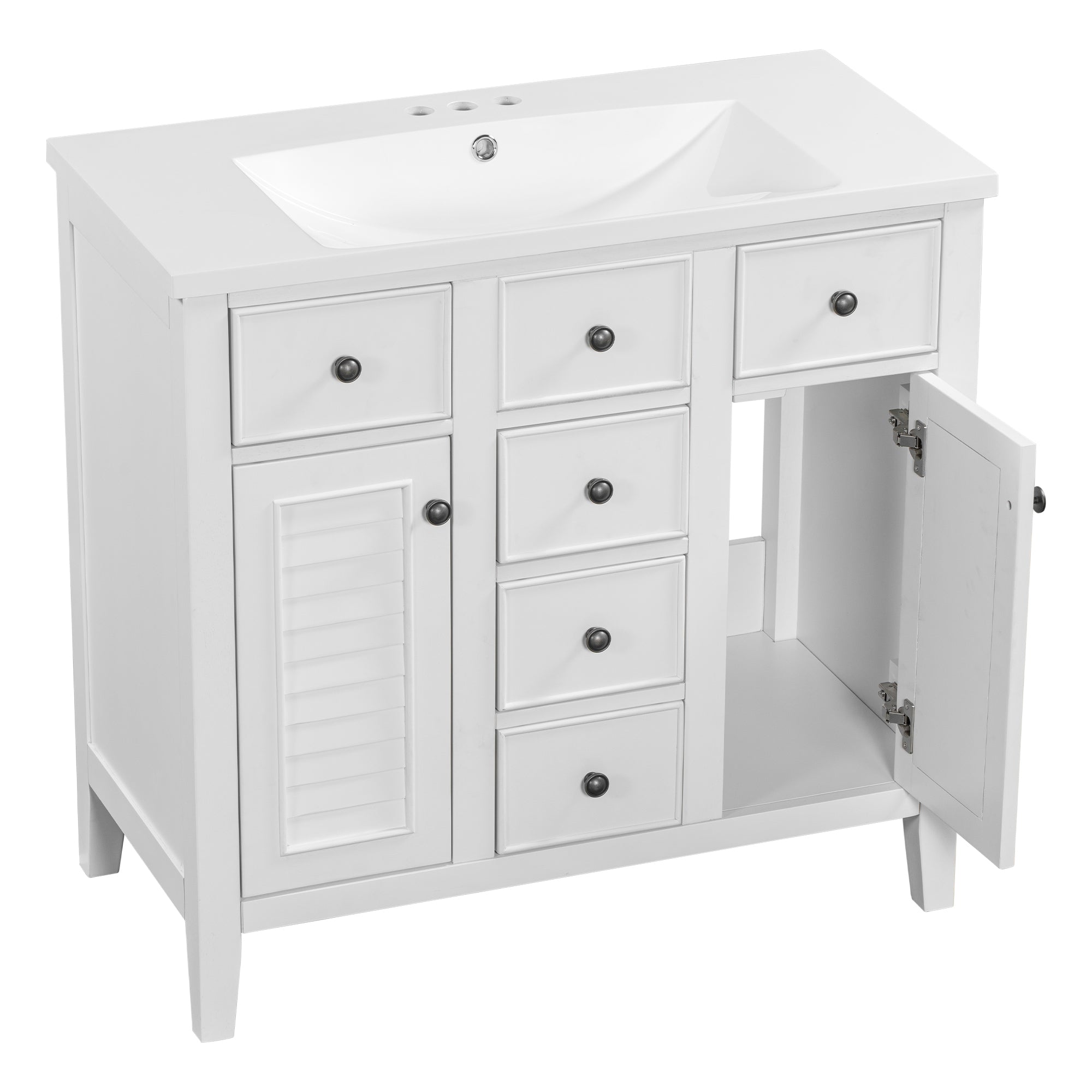 36" Bathroom Vanity with Ceramic Basin, Two Cabinets and Five Drawers, Solid Wood Frame, White (OLD SKU: SY999202AAK-1)