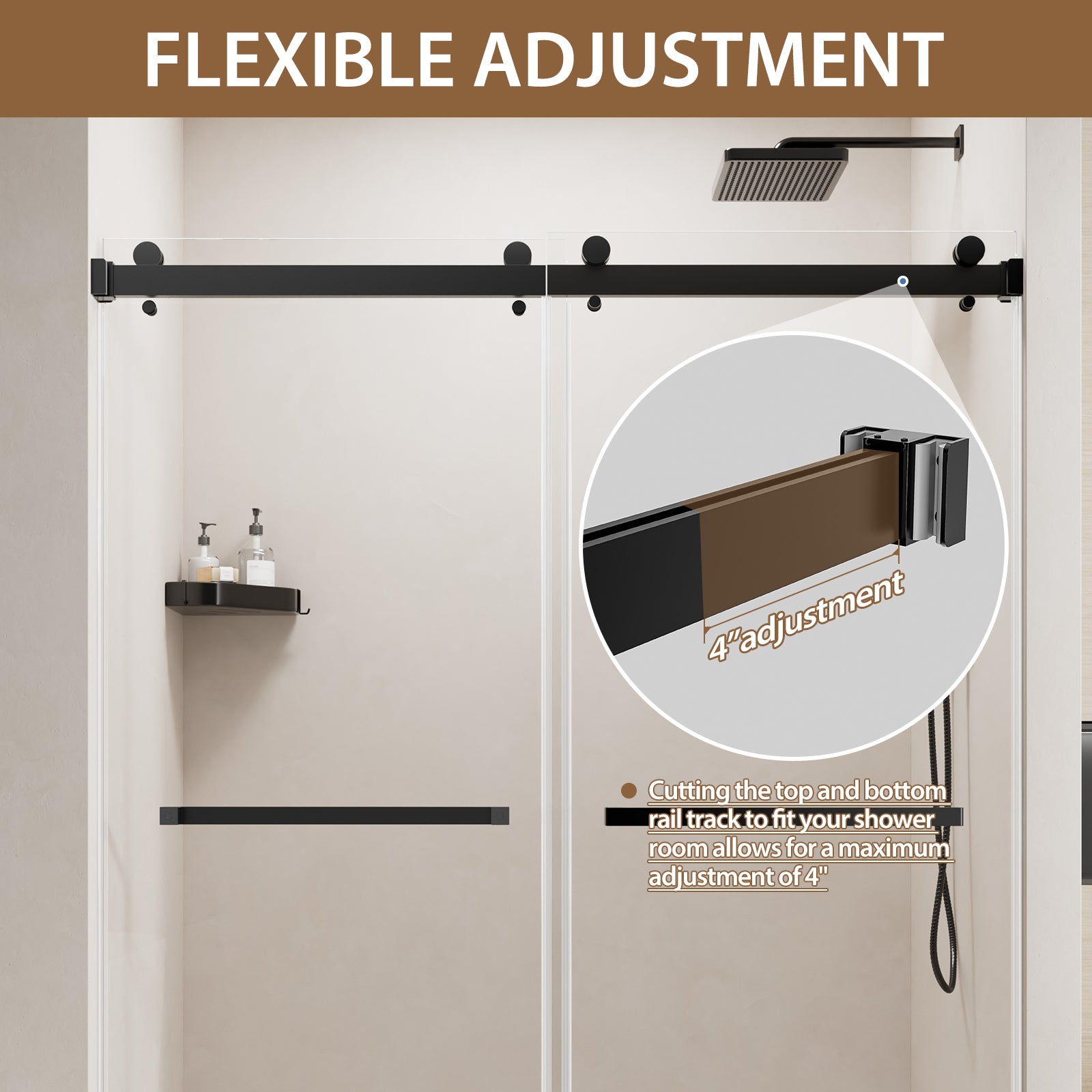 Frameless sliding shower door 76 inch tempered glass matte black roller detail