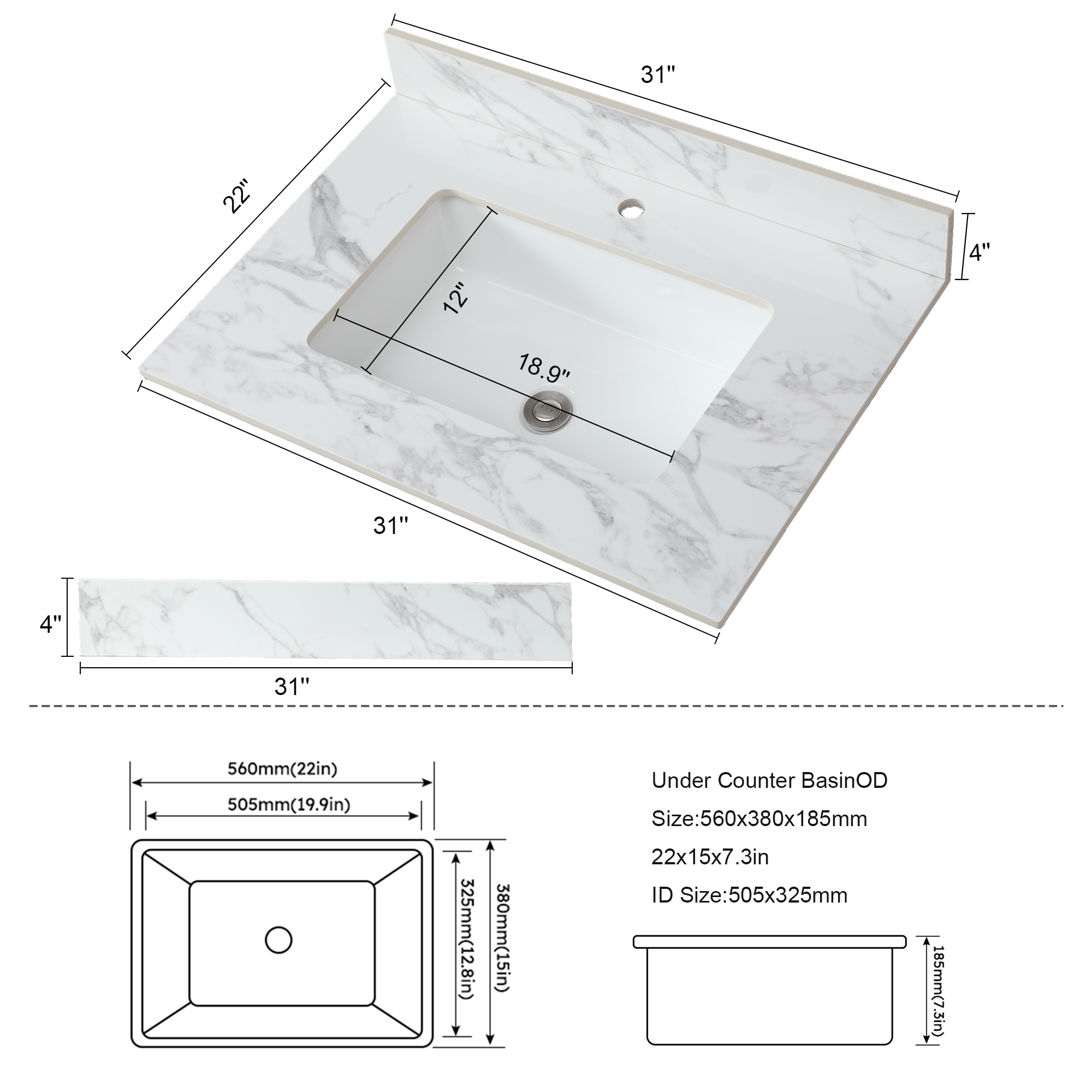 31"x22"Bathroom Vanity Top,sintered stone carra white  Barthroom Vanity Sink Tops with Rectangular Undermount Ceramic Sink with Vanity Backsplash, Single Faucet Hole Bathroom Vanity Countertop