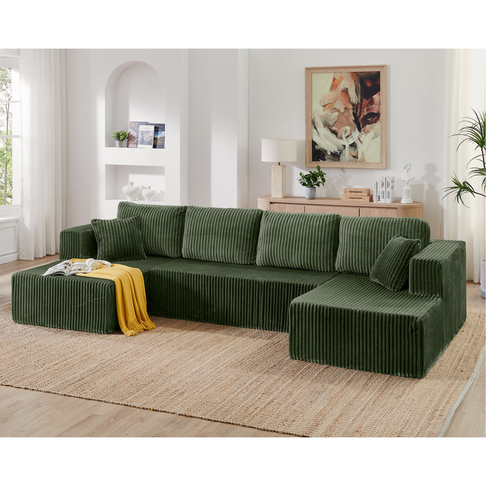 Green corduroy U-shape modular sectional sofa, full front view