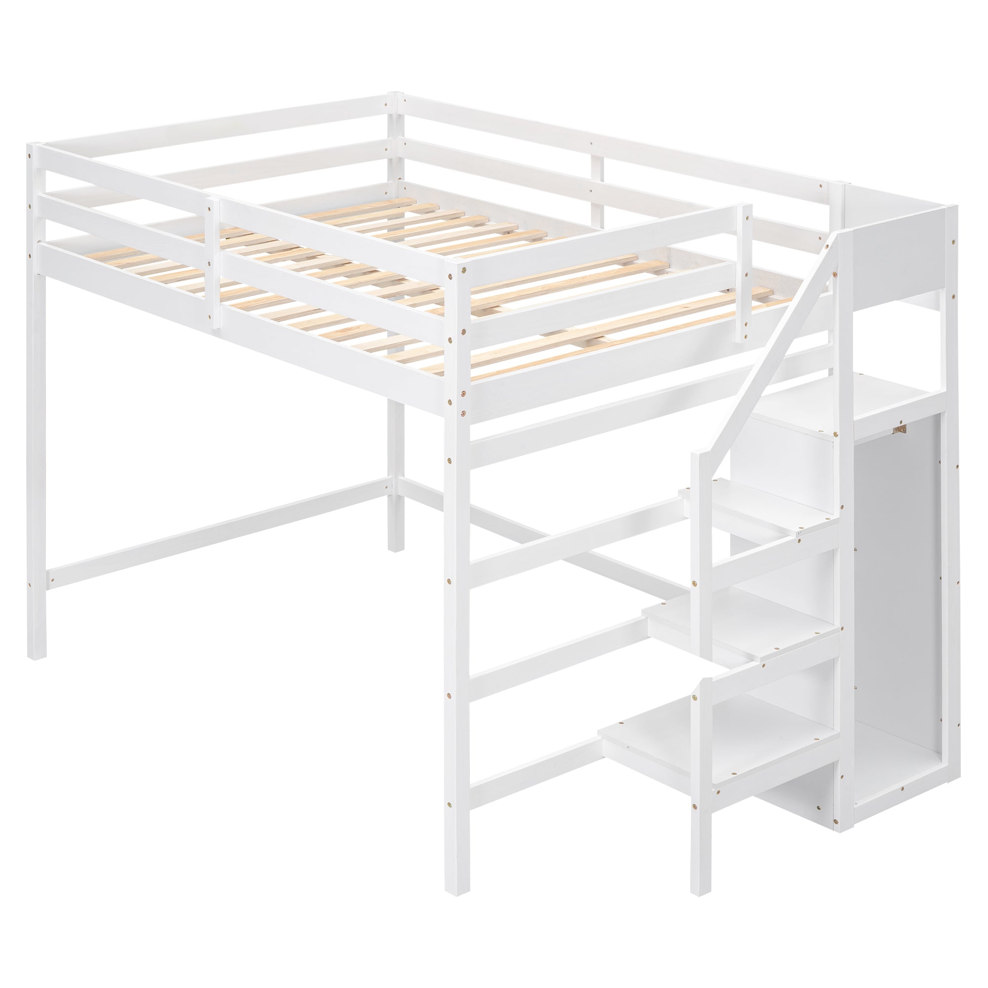 Full Size Loft Bed with Built-in Storage Wardrobe and Staircase, White