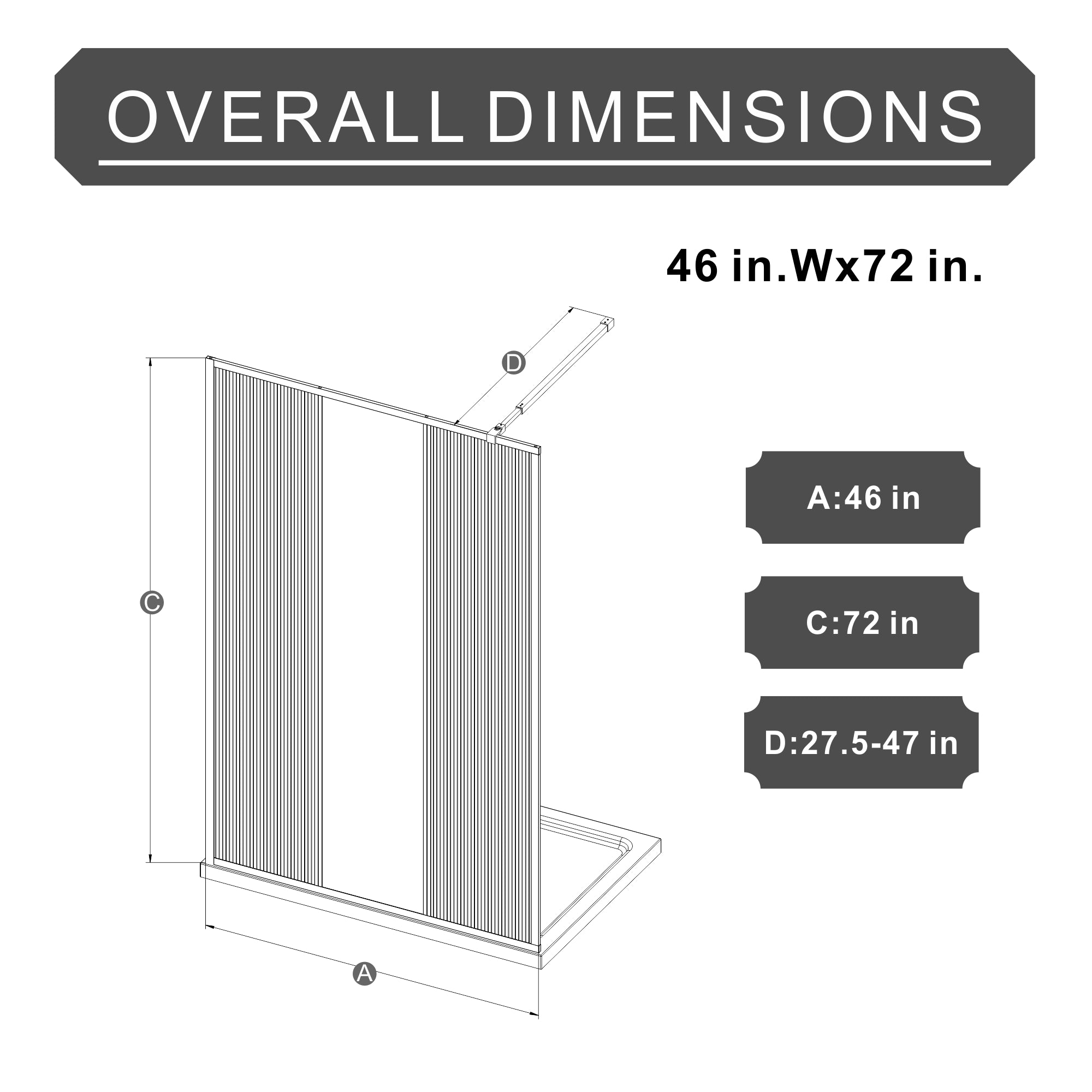 34-46 x 72 in Mirror & Fluted Fixed Shower Panel - 46 x 72 in / Matte Black view 2
