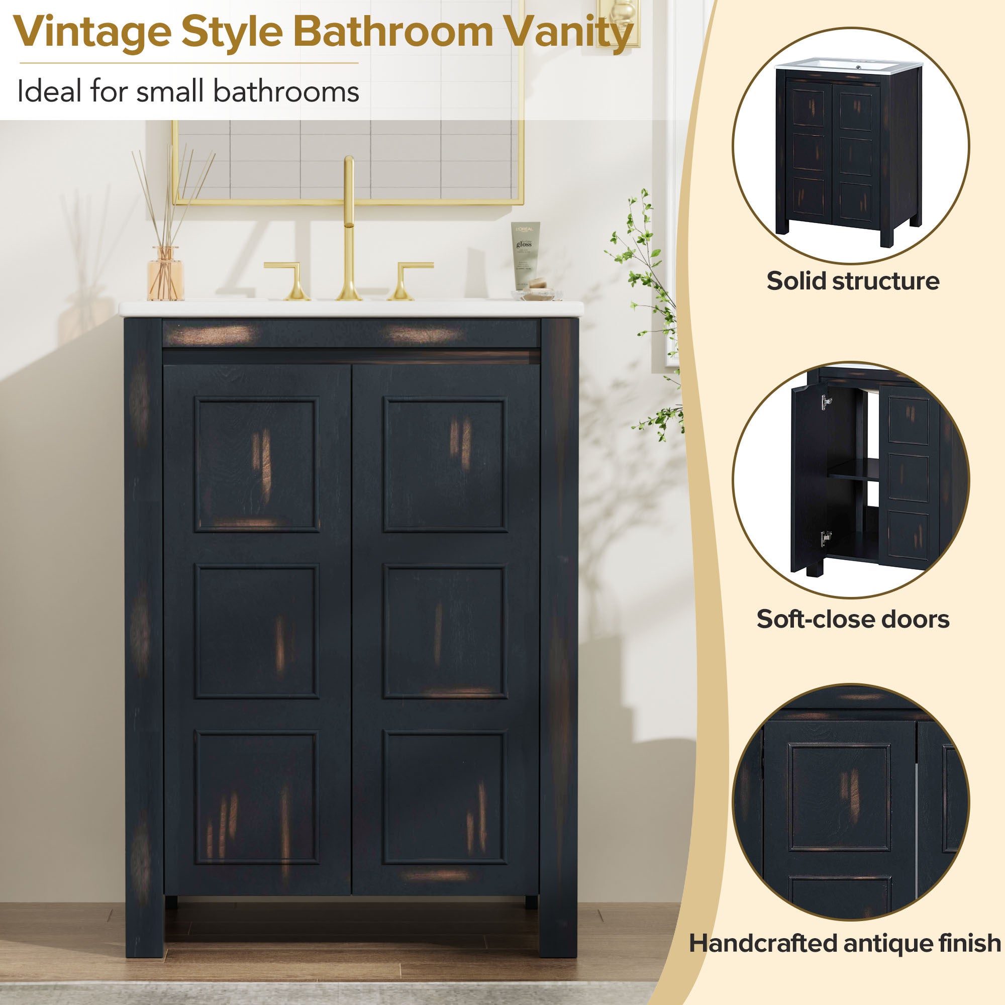 24x18x34 Inches Vintage Style Small Bathroom Vanity Combo with Ceramic Sink, 2 Soft-close Doors