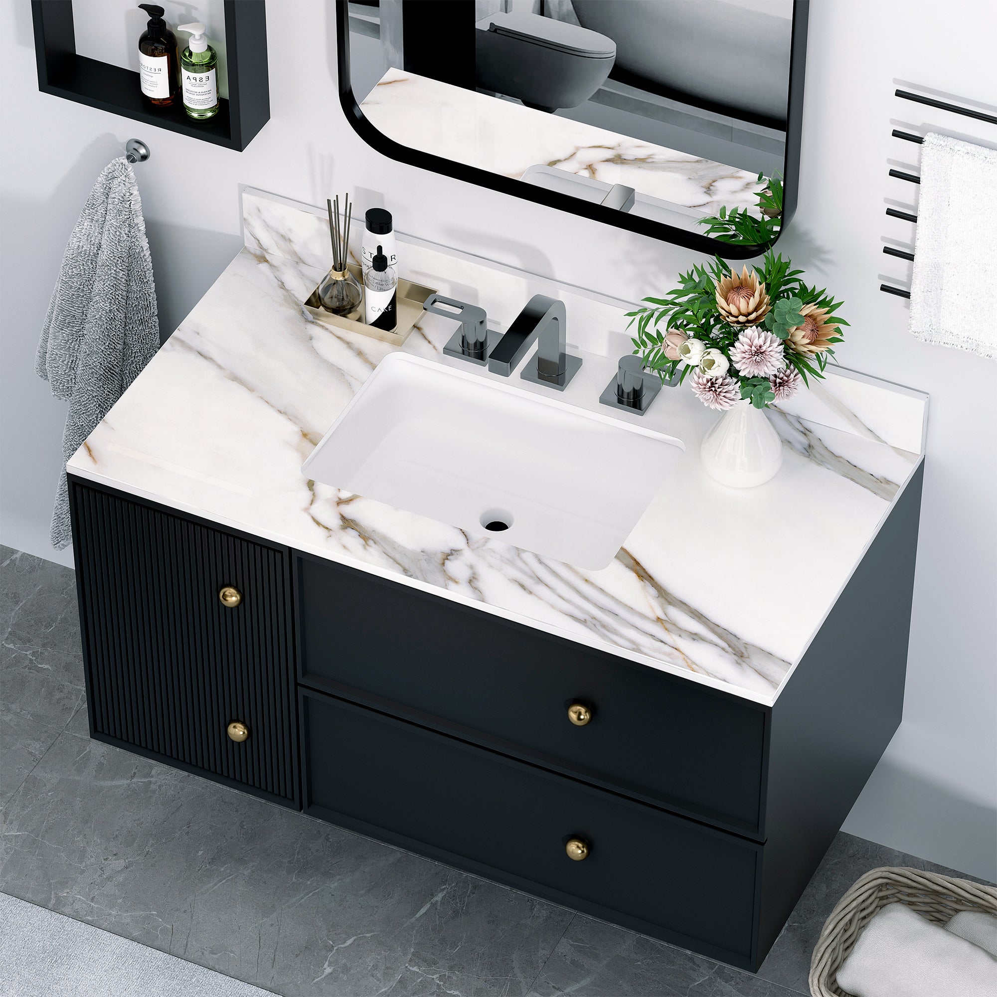 43 Inch Marble Vanity Top, Bathroom Vanity Top with Undermount Rectangular Middle Sink and 4" Height Backsplash, Pre-Drilled 8 Inch Faucet Hole Spread Vanity Top, Carrara white with veins