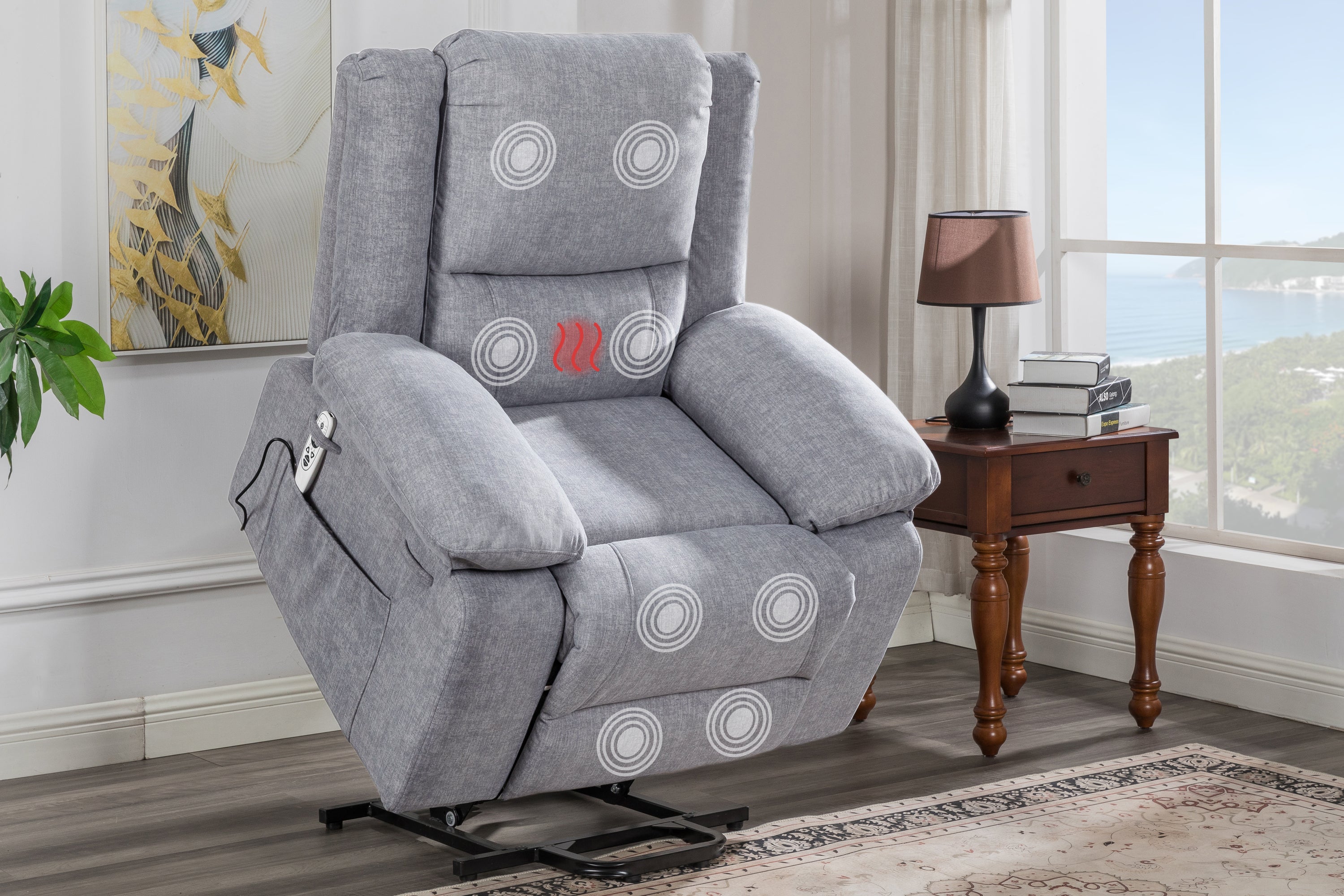 Electric Power Recliner Chair With Massage For Elderly ,Remote Control Multi-function Lifting, Timing, Cushion Heating Chair With Side Pocket Light Grey