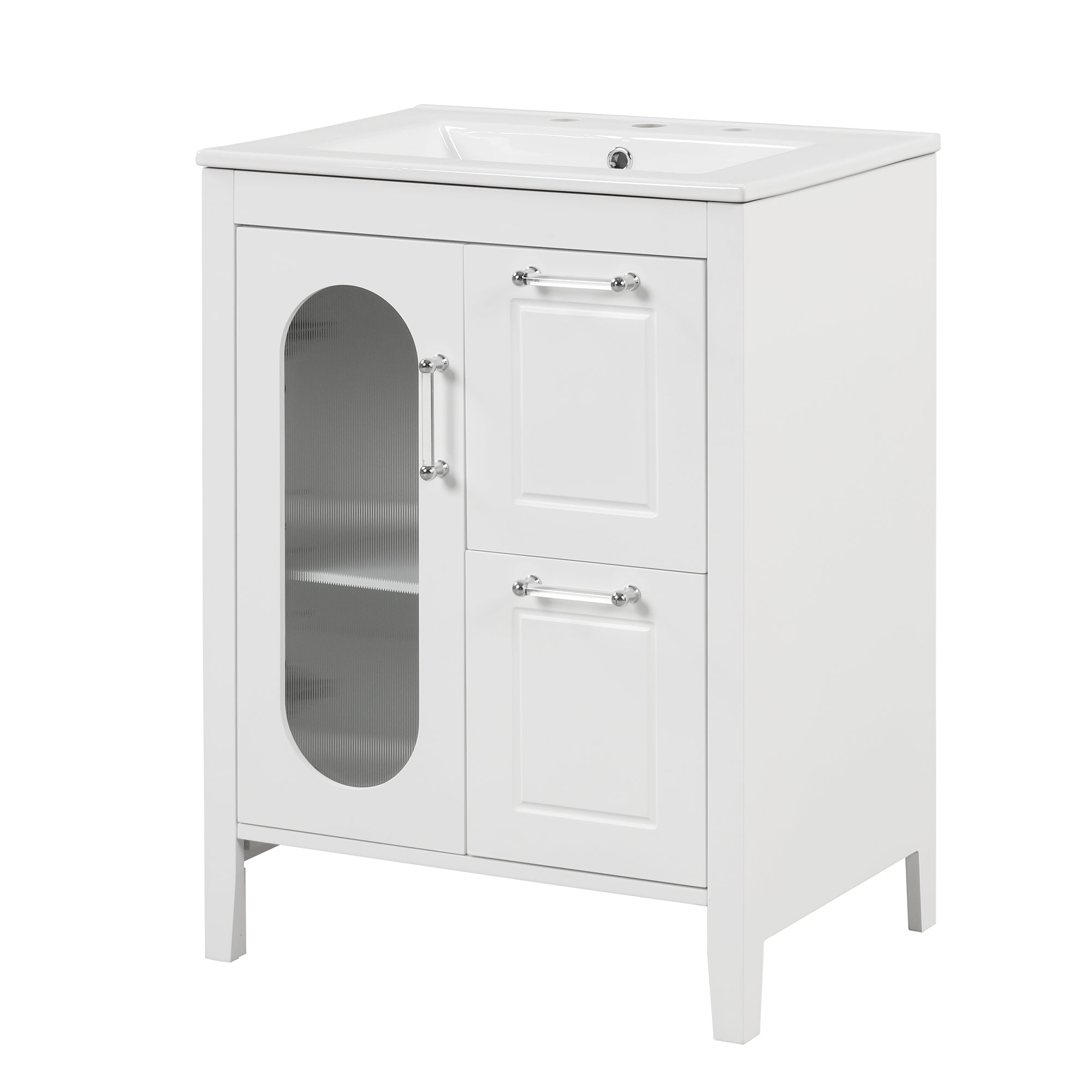 24" Bathroom Vanity with Sink, Bathroom Vanity Cabinet with Two Drawers and Door, Adjustable Shelf, Solid Wood and MDF, White