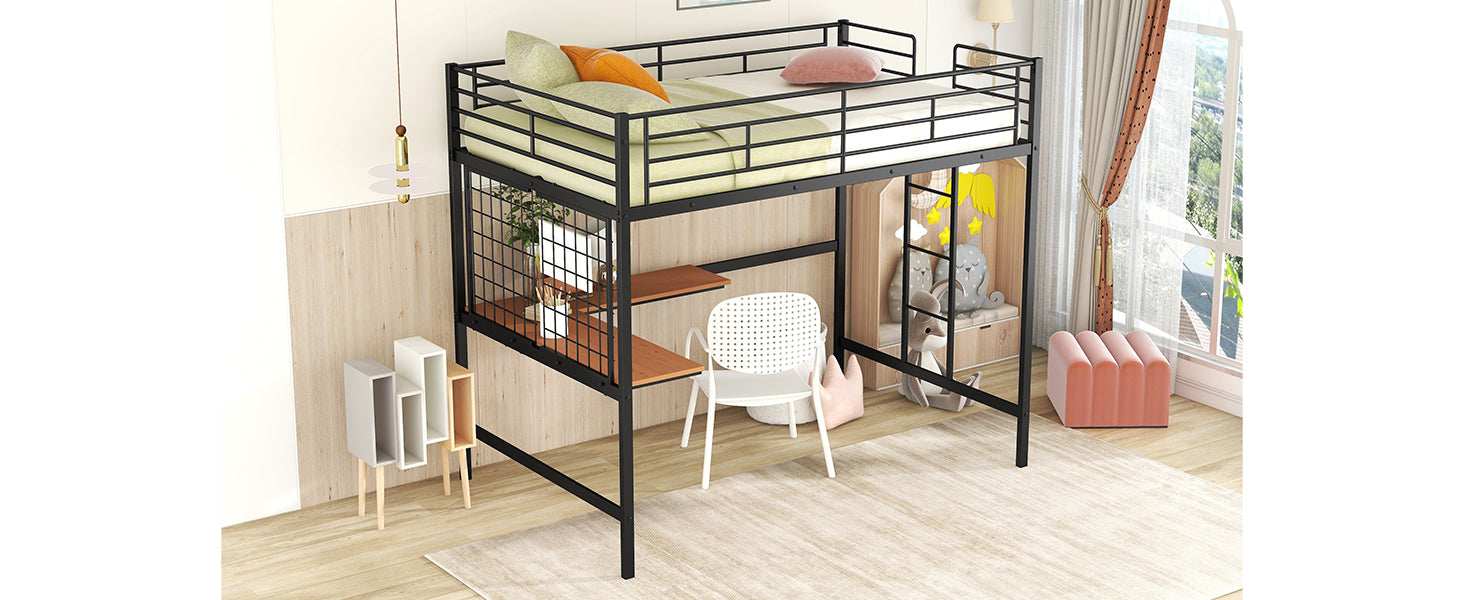 Full Metal Loft Bed with Desk and Metal Grid, Black