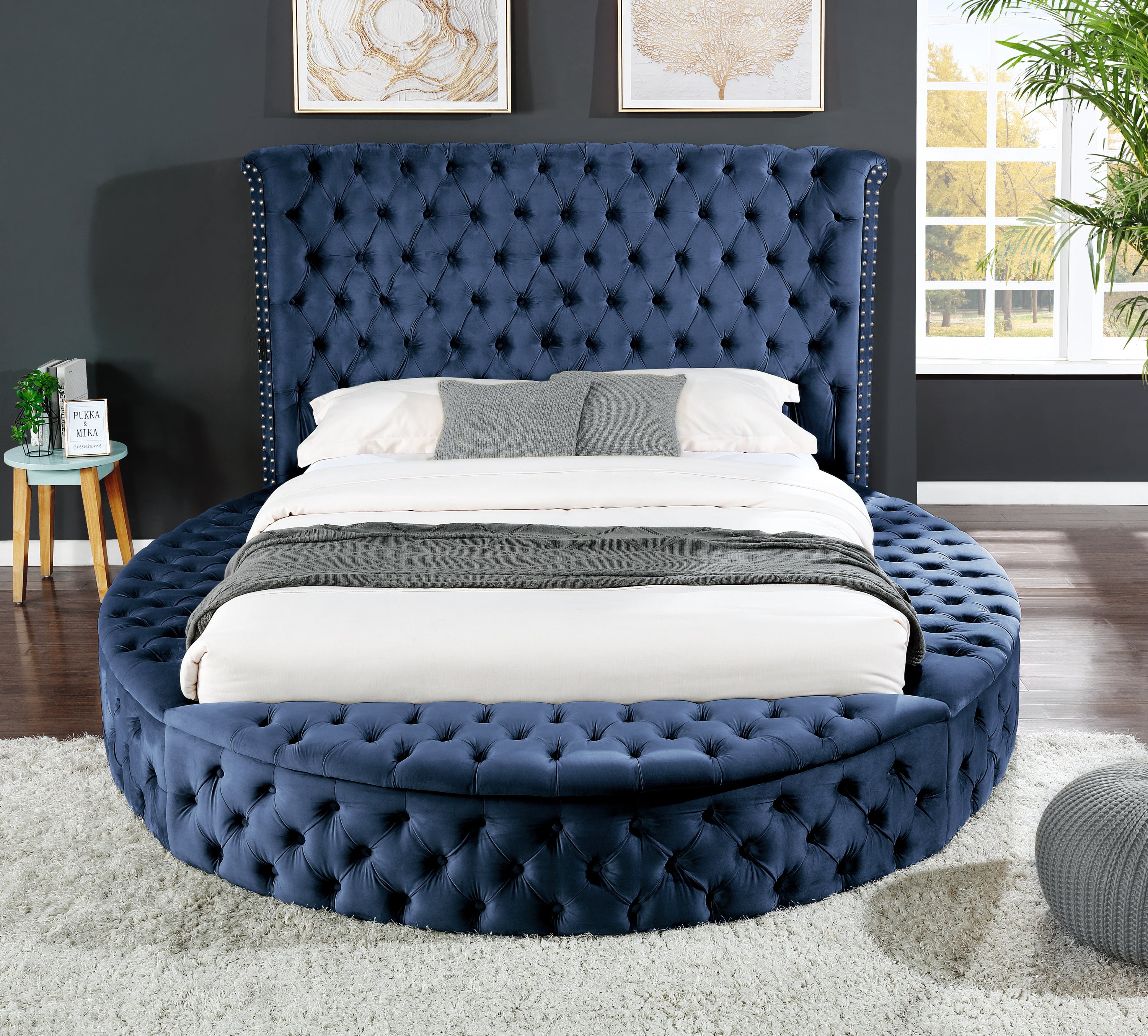 King Size Tufted Storage Bed made with Wood in Blue