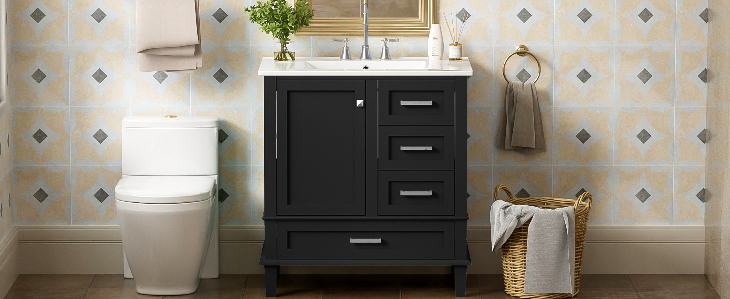 30" Bathroom Vanity , Modern Bathroom Cabinet with Sink Combo Set, Bathroom Storage Cabinet with a Soft Closing Door and 3 Drawers, Solid Wood Frame(Black)