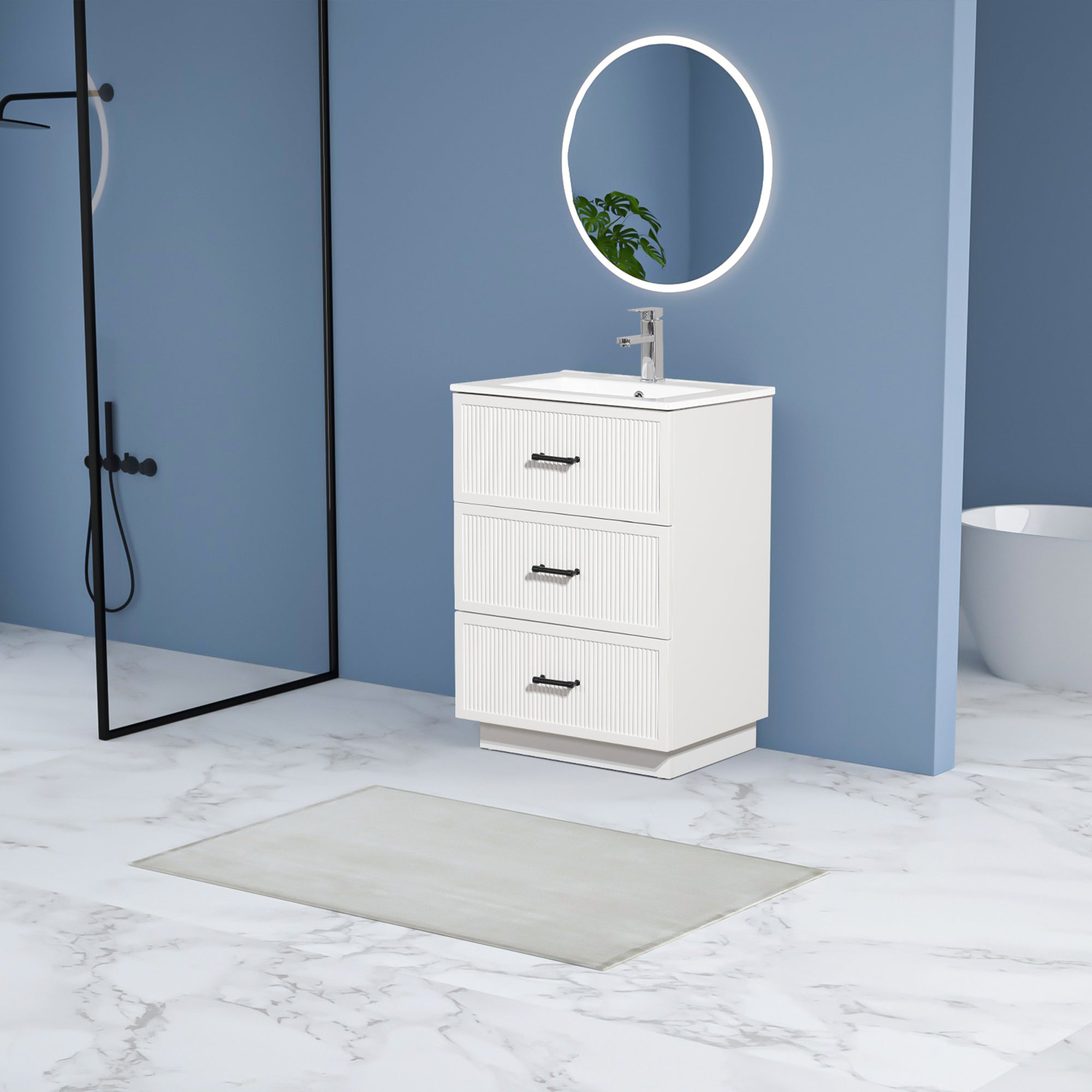 24 Inch Bathroom Vanity with Ceramic Sink Set, Modern Freestanding Bathroom Storage Cabinet with 2 Drawers, Floor Standing Bath Vanity Combo, White