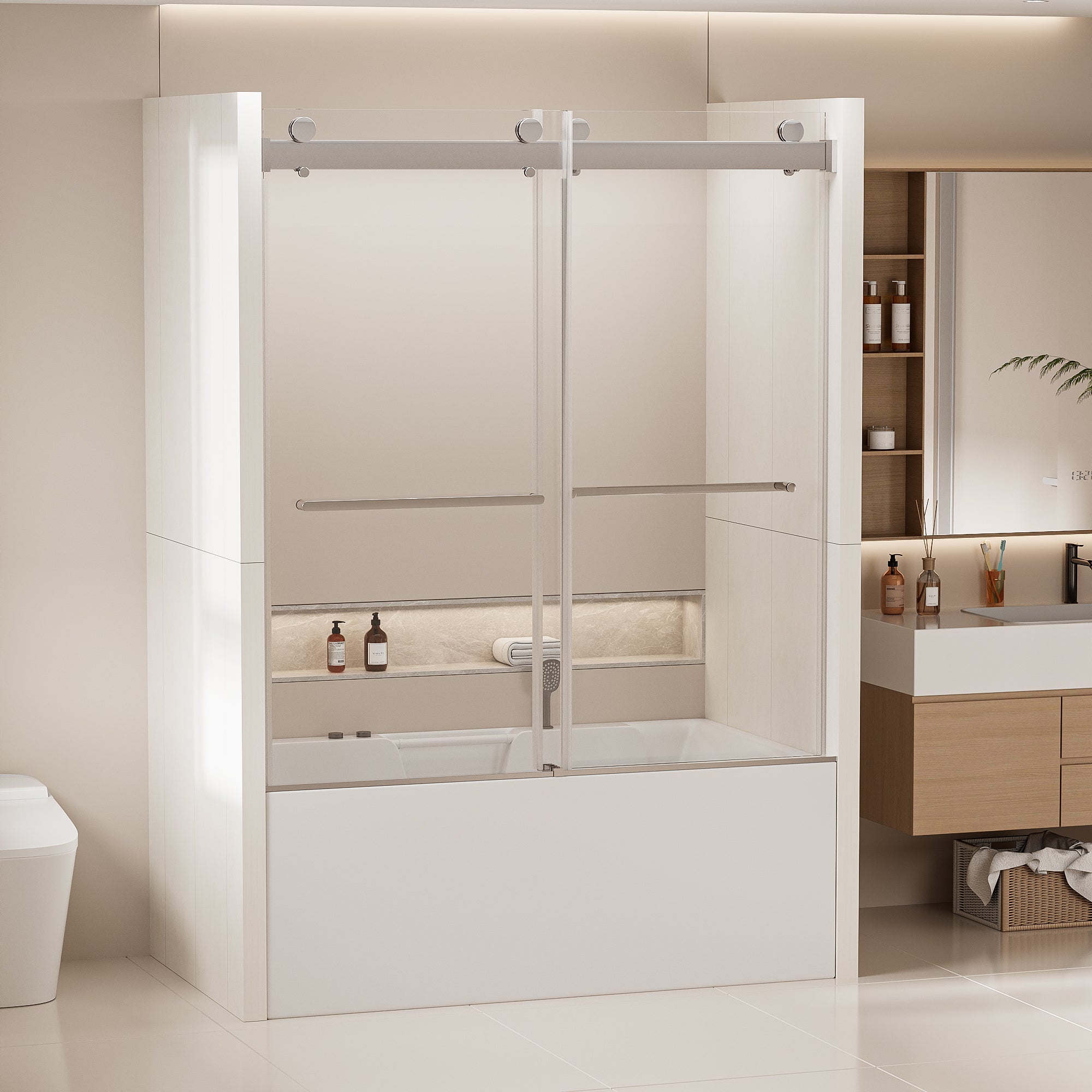 56-60"W x 62"H Frameless Double Sliding Tub Door, Bypass Tub Shower Door Soft Closing, Chrome 24D02-T60CHX