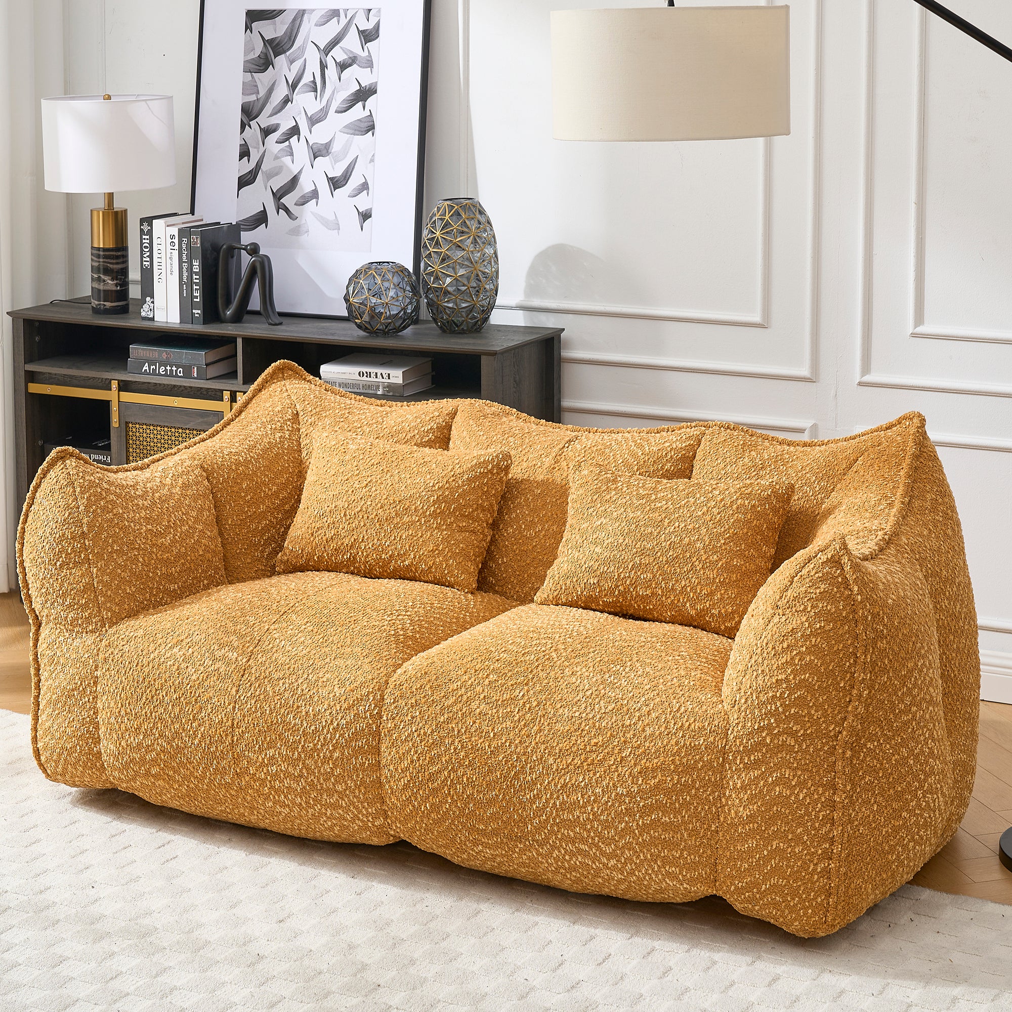 Two-person square beanbag recliner sofa, angled side view