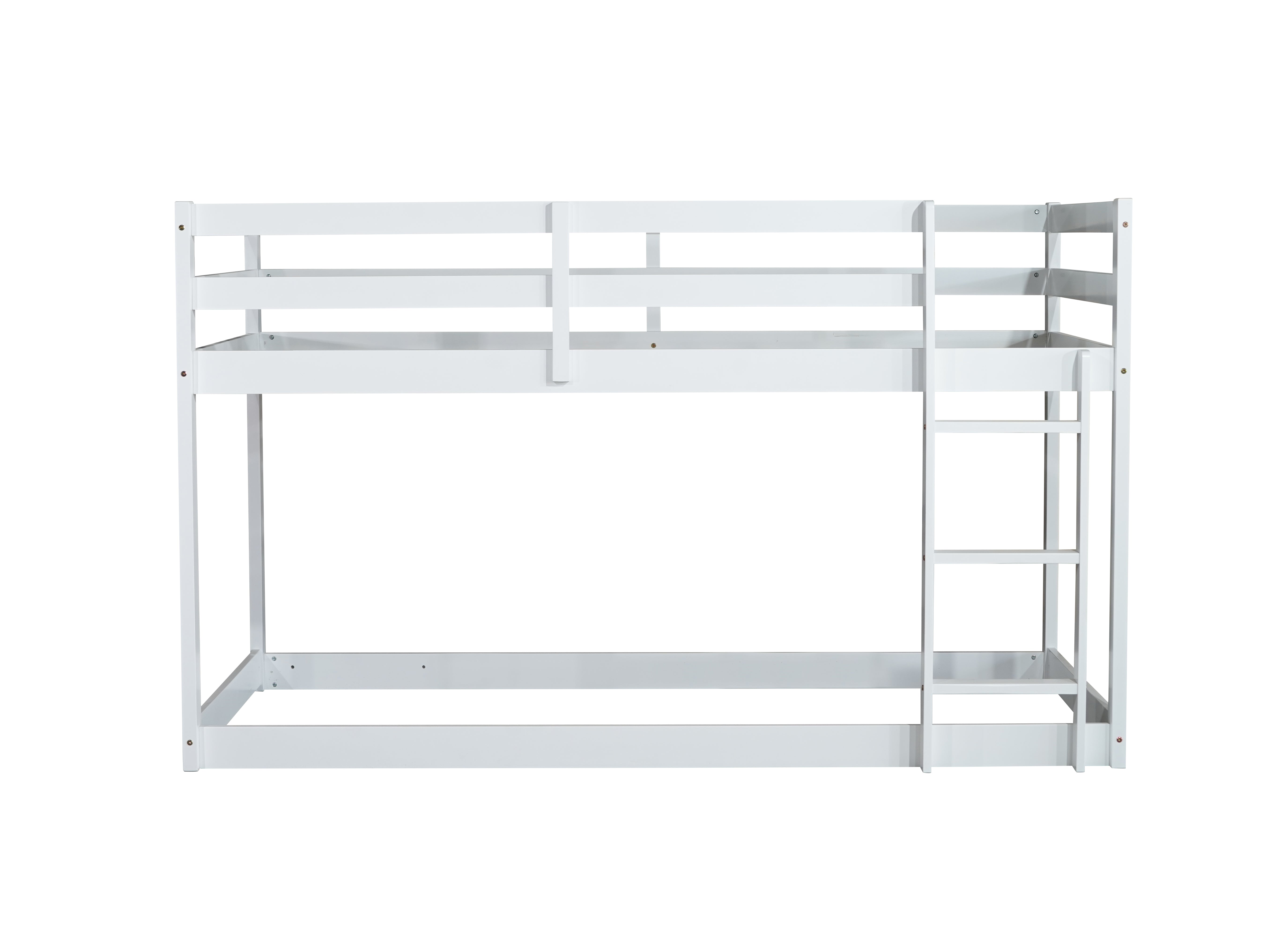 White Twin over Twin floor bunk bed with ladder, front view