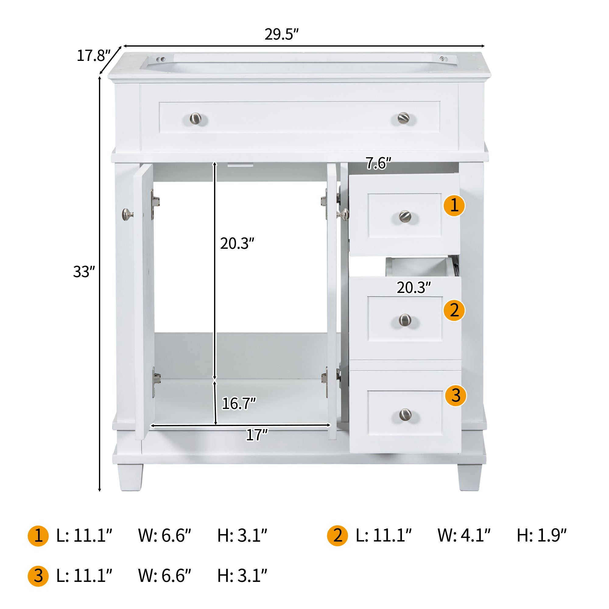 30" Bathroom Vanity Cabinet without Sink, Free Standing Vanity with 2 Drawers& Soft Closing Doors, Solid Wood Frame Bathroom Cabinet, White (NOT INCLUDE SINK)