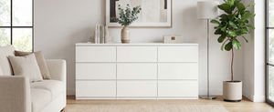 9-drawer modern white matte wood dresser, handleless front view