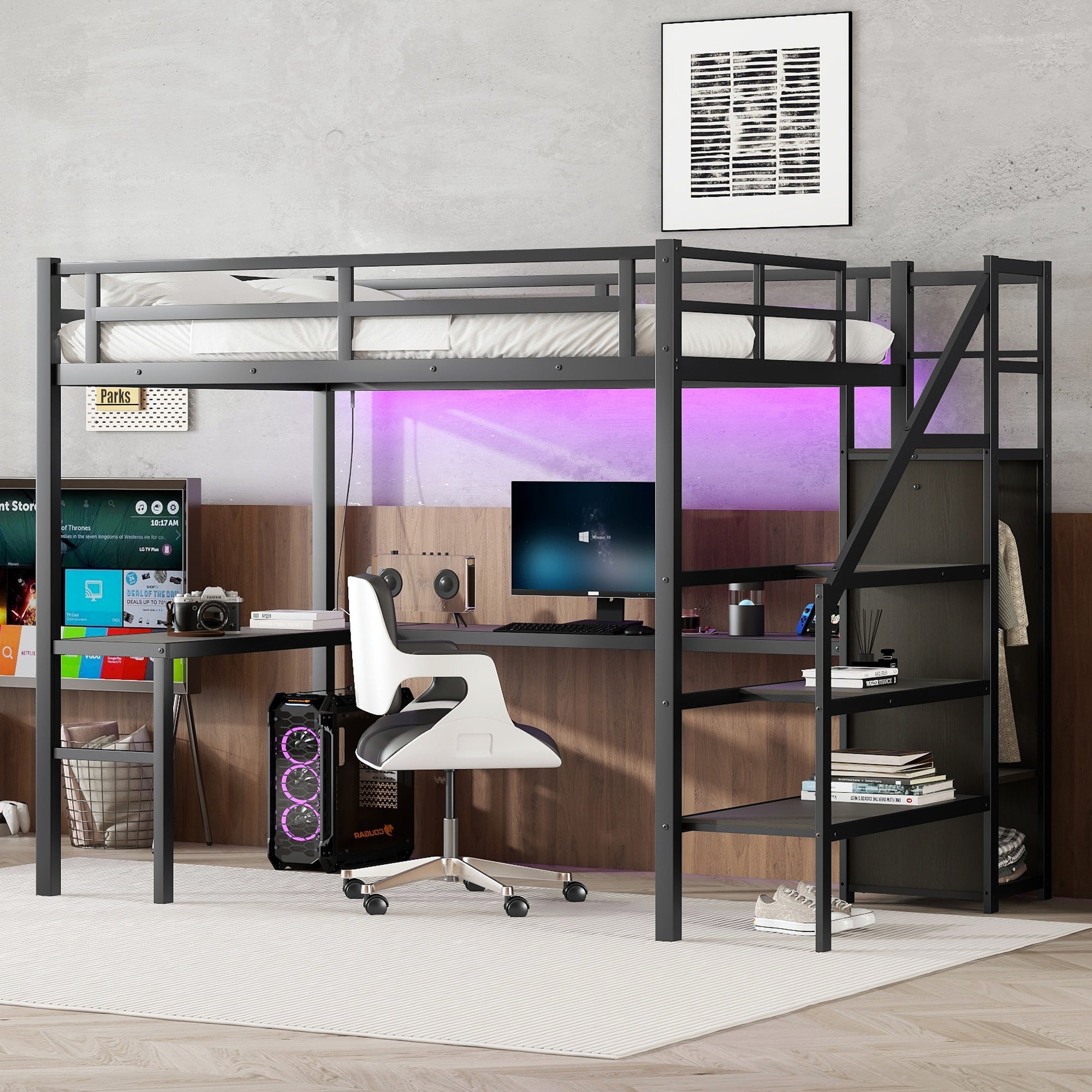 Full XL Size Loft Bed with L-shaped Desk and USB, Metal Loft Bed with Wardrobe and Adjustable Shelf, High Loft Bed with LED for Kids Teens Adults, Black(Expect Arrive 2024/10/10)