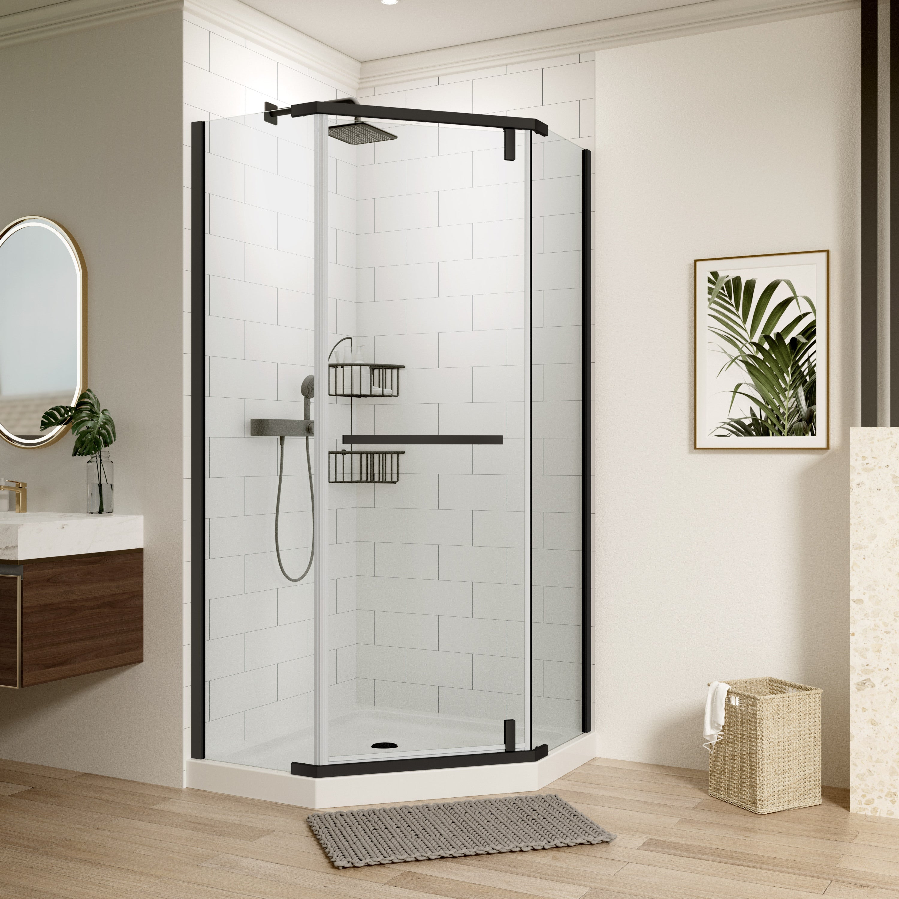 Pivot shower door, with 1/4" tempered glass, 34.75"W x 72"H Frameless Neo-Angle Pivot Shower Enclosure in Matte Black