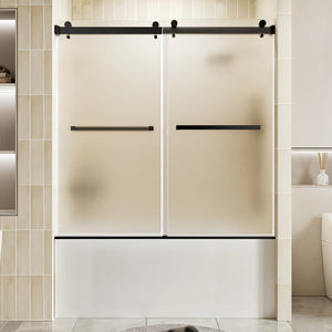 56-60 x 60 in Frosted Frameless Double Sliding Shower Door - 56-60 x 60 in / Frosted Glass / Matte Black view 1