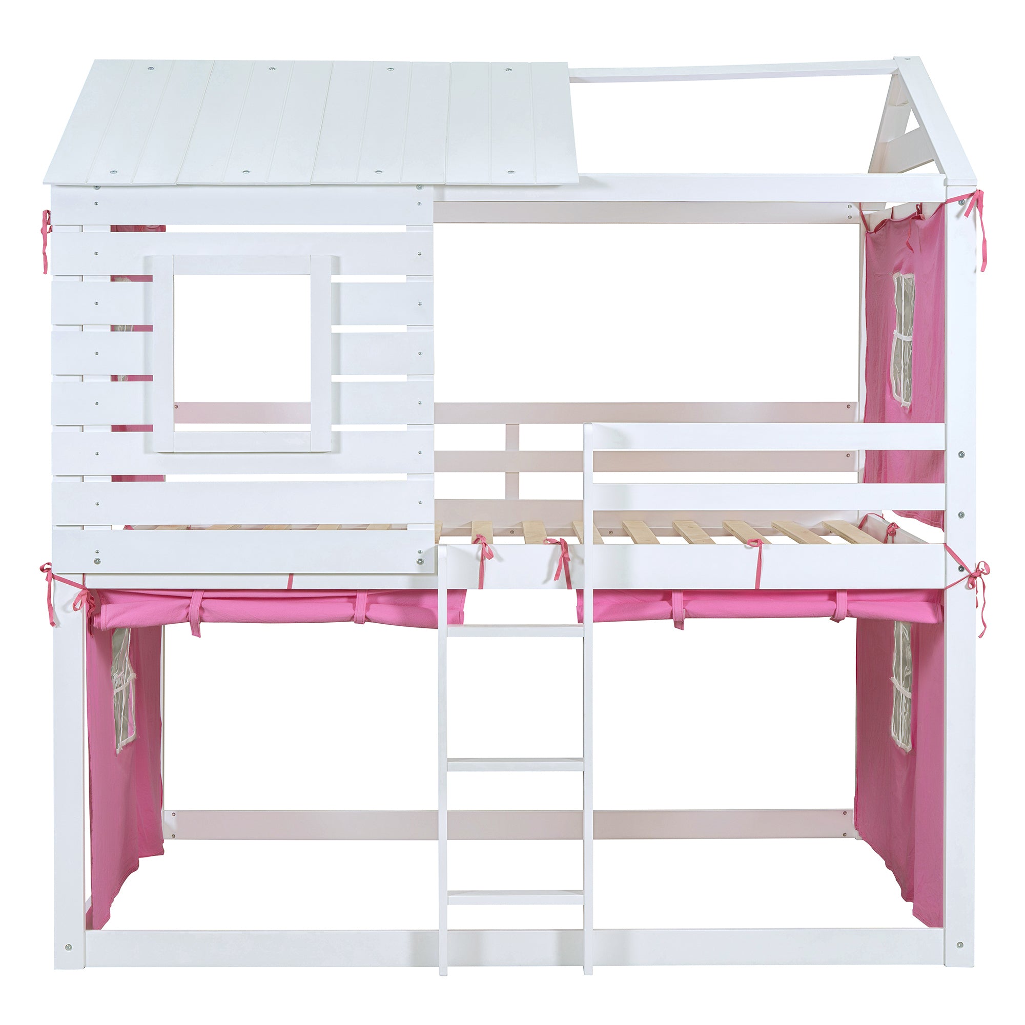 Full Size Bunk Wood House Bed with Tent, Pink+White