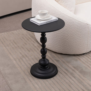 Round vintage metal side table, black finish, front view
