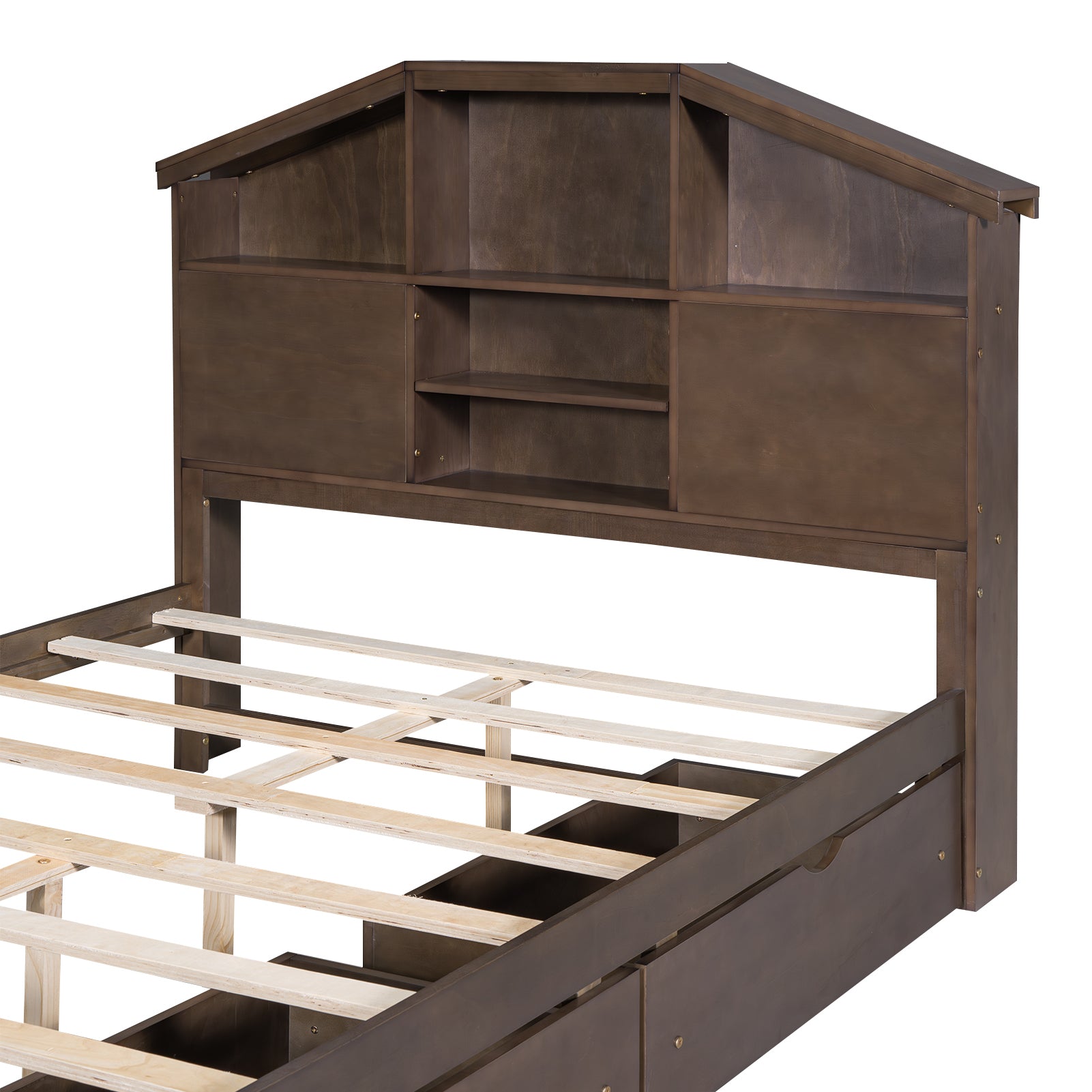 Full Size Wood Platform Bed with House-shaped Storage Headboard and 2 Drawers, Walnut