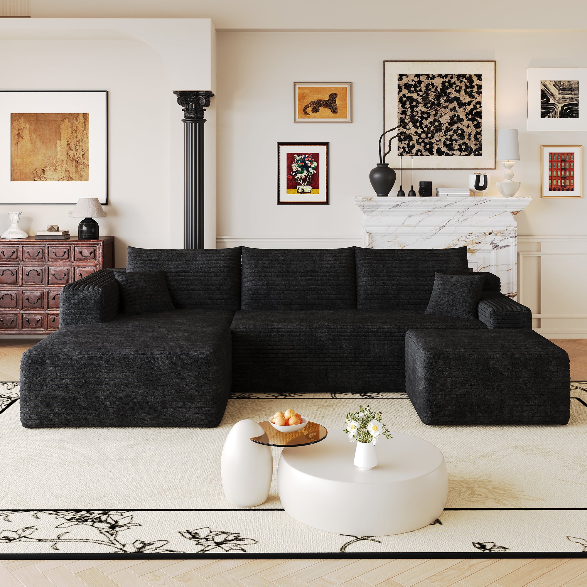 Black corduroy cloud sectional sofa living room setting view