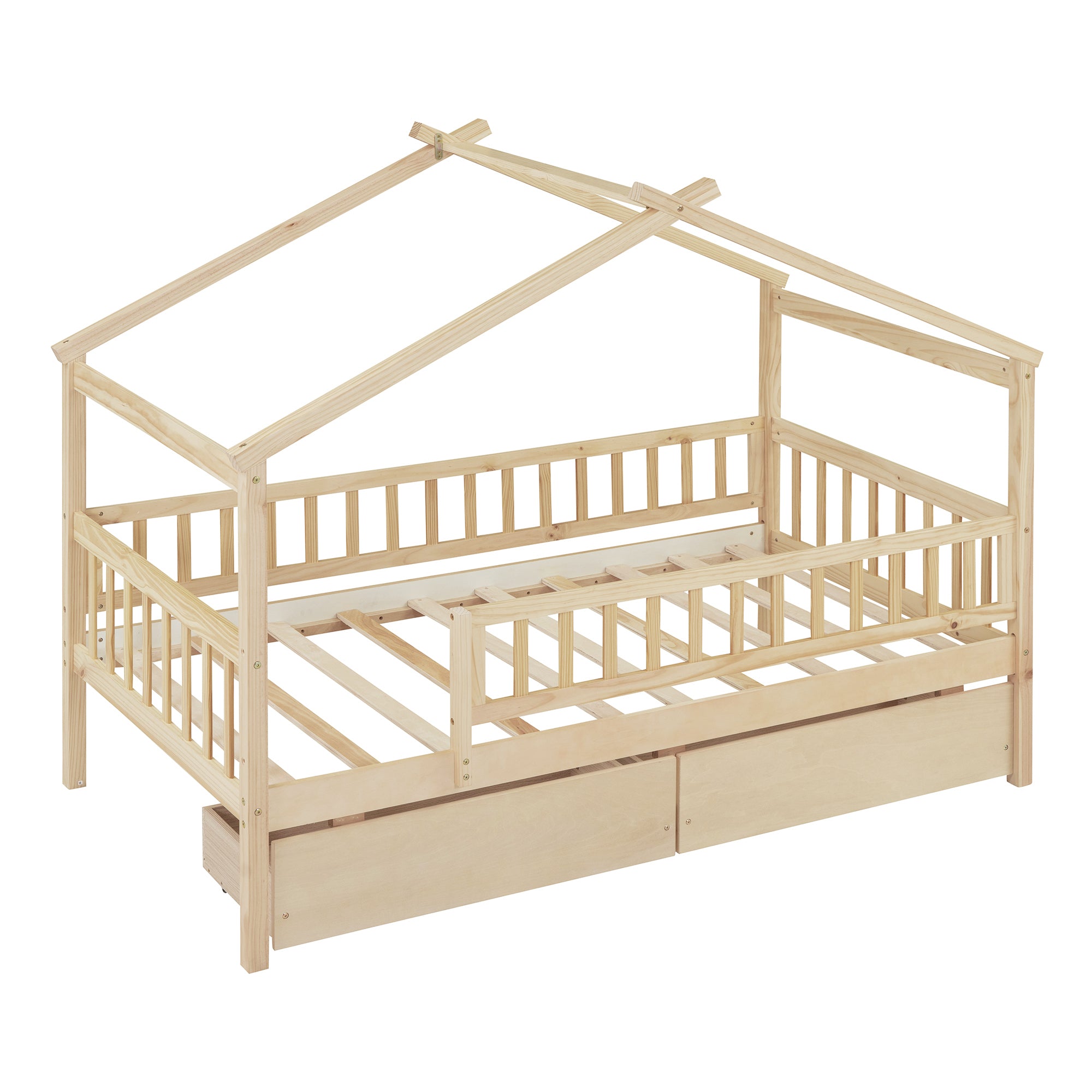 Twin Size Wooden House Bed with Two Drawers, Natural