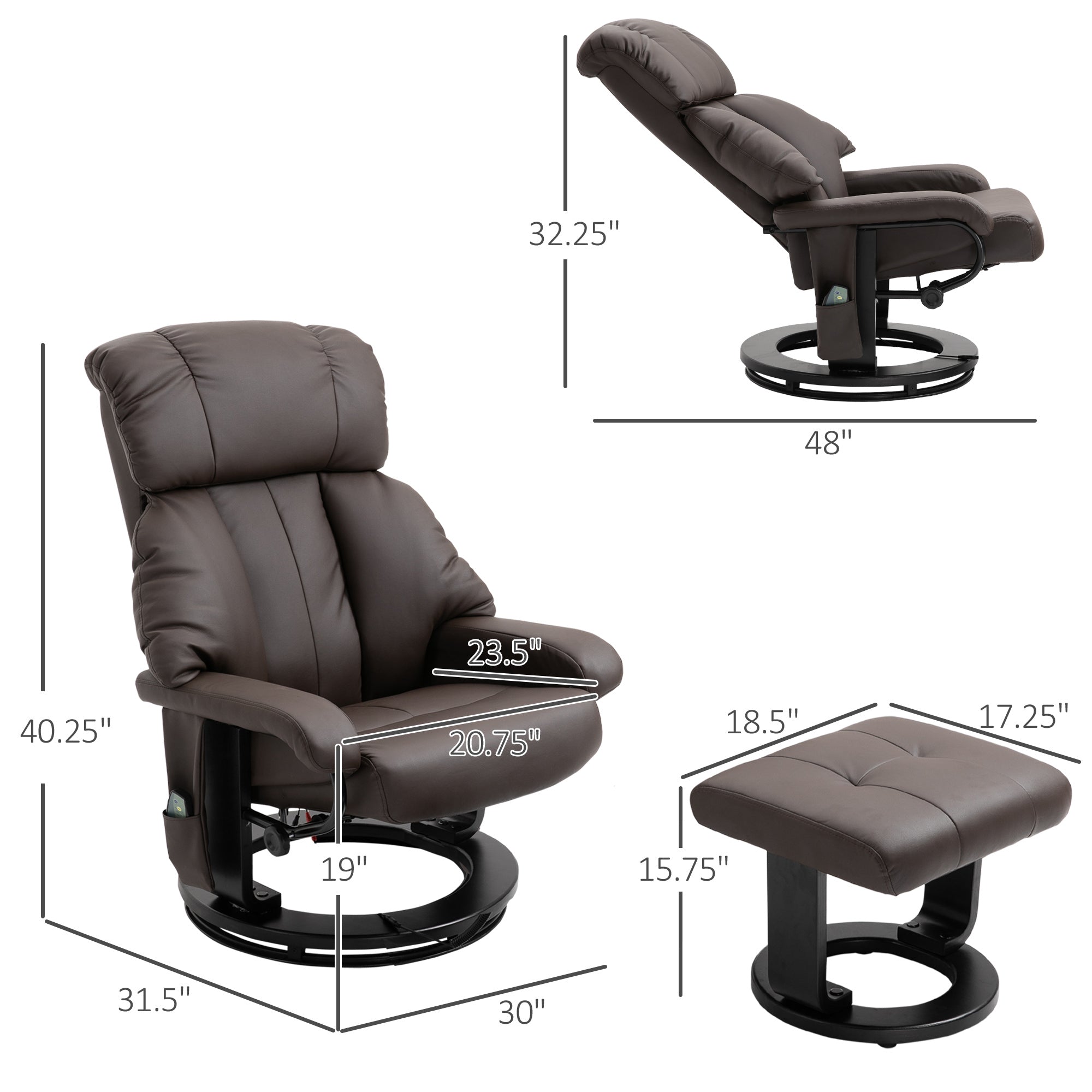 HOMCOM Massage Recliner Chair with Ottoman, 360° Swivel Recliner and Footstool, PU Leather Reclining Chair with Side Pocket and Remote Control, Brown