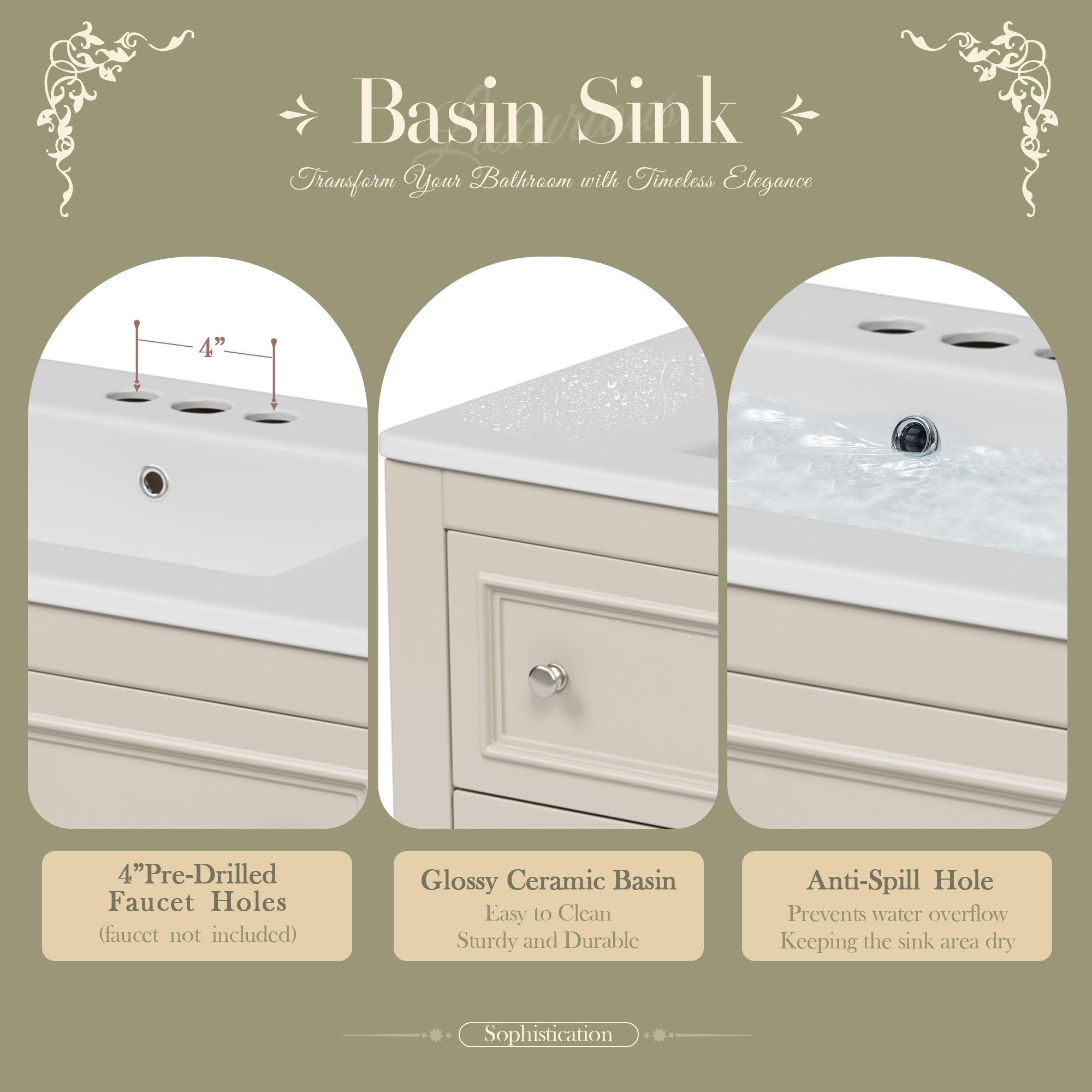 Beige solid wood bathroom vanity undermount ceramic sink, side view