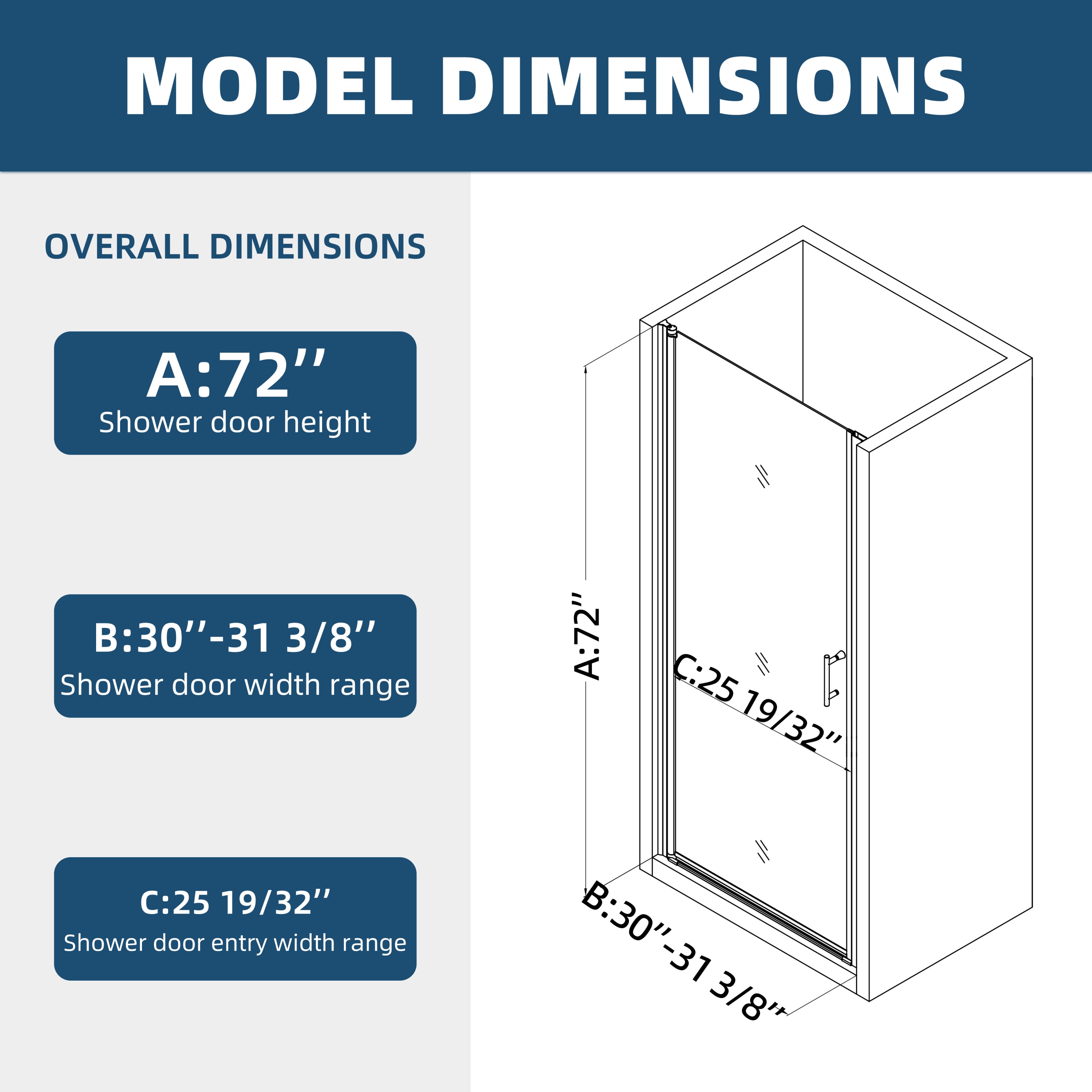 Matted Black Pivot Shower Door: 30"W x 72"H, Open Outside, 1/4" Tempered Glass