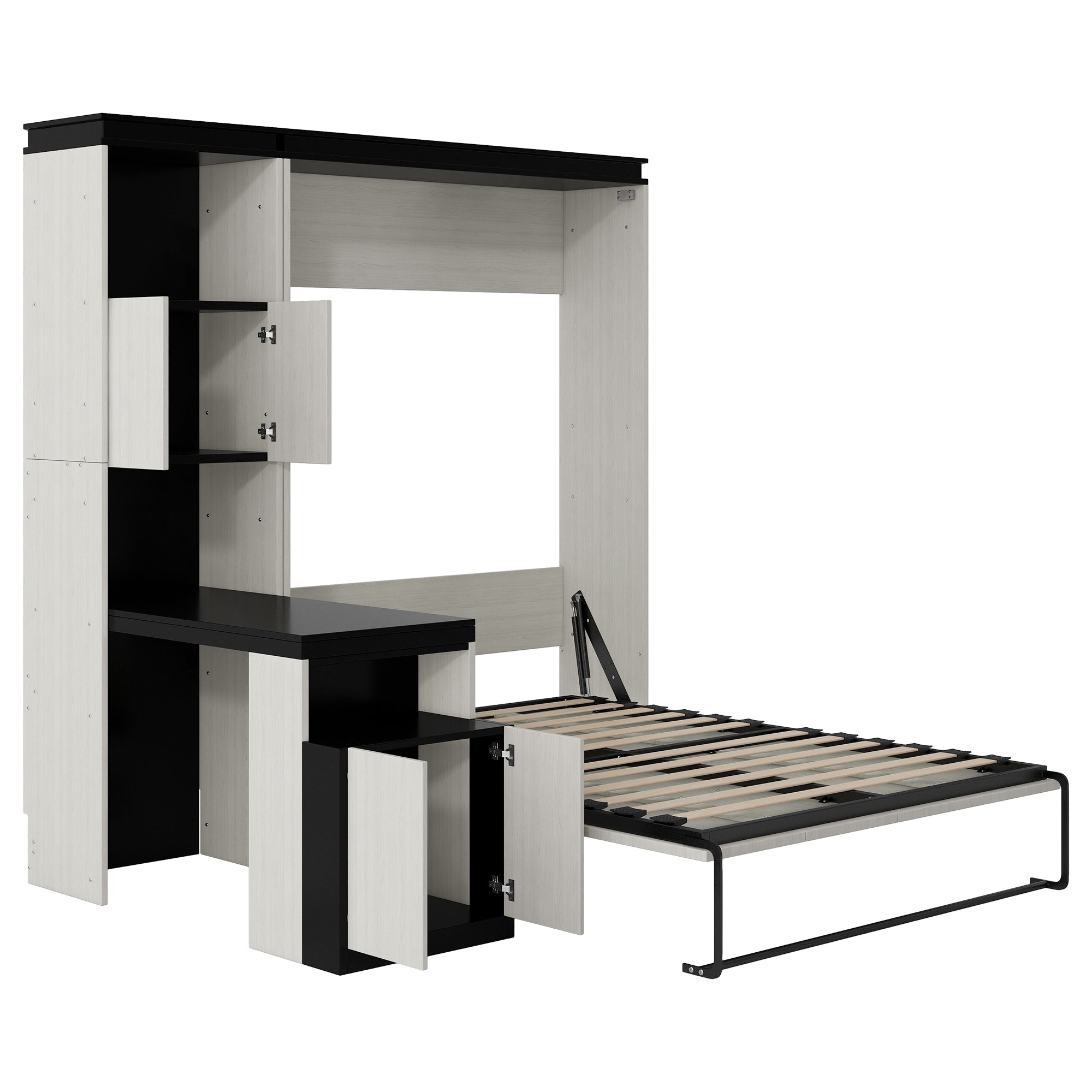 Full Size Murphy Bed with Desk and Storage Shelves and  Cabinets, Black+White