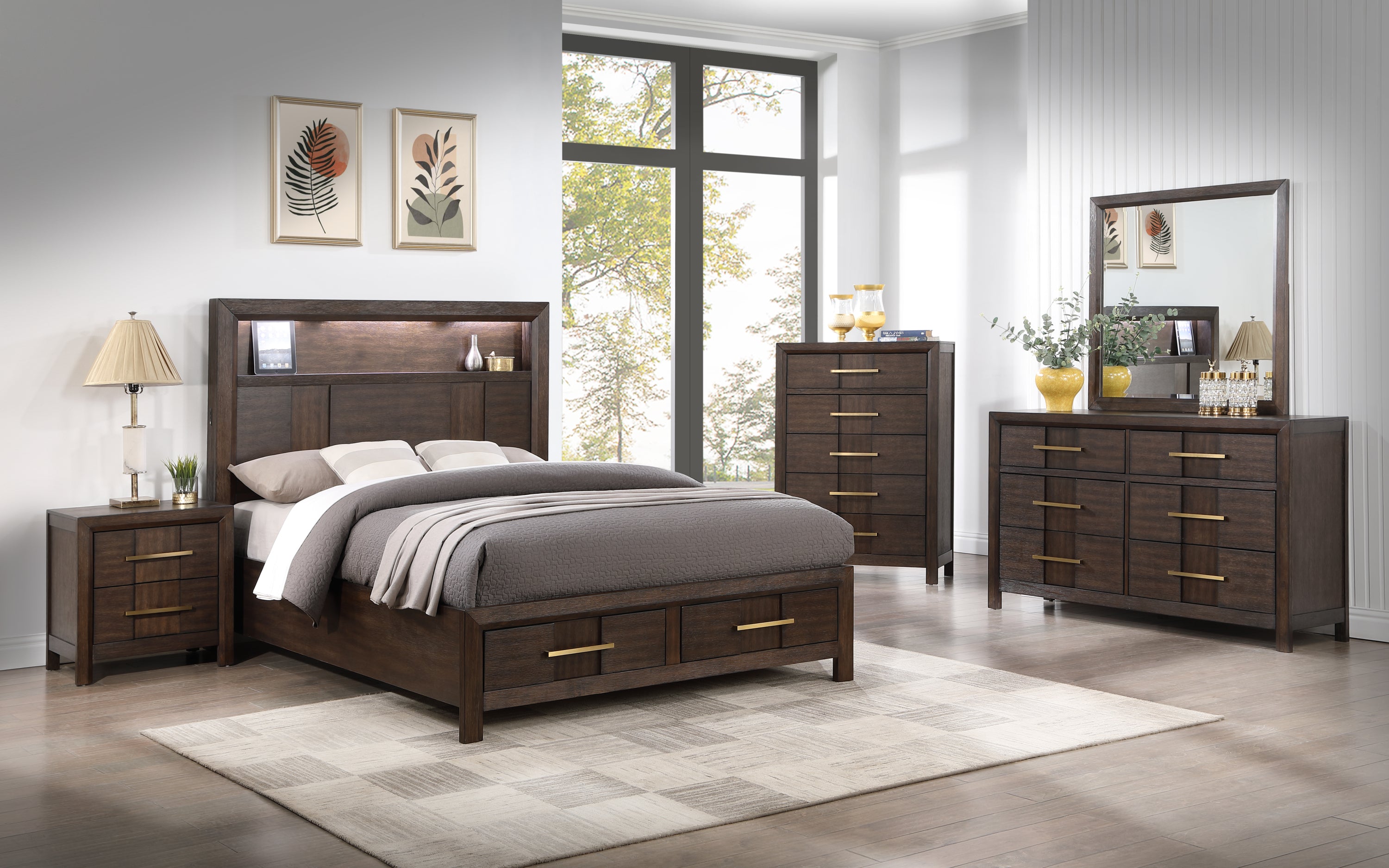 Modern Style Queen Bed Made with Wood & LED Headboard with bookshelf in Walnut