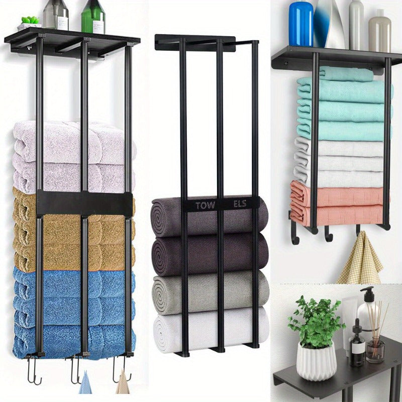 Bathroom Metal Towel Rack Holder Storage with Metal Shelves and Hooks Wall Mounted