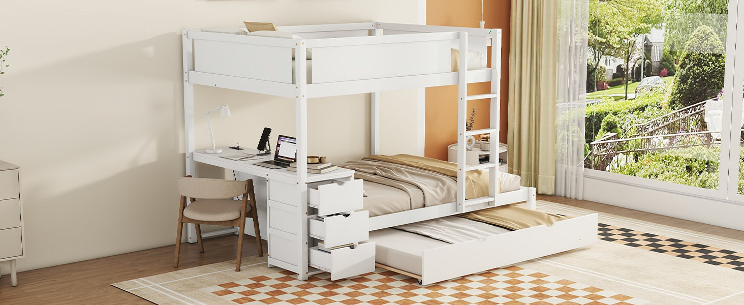 Full-Over-Full Bunk Bed with Twin size Trundle, Storage and Desk, White