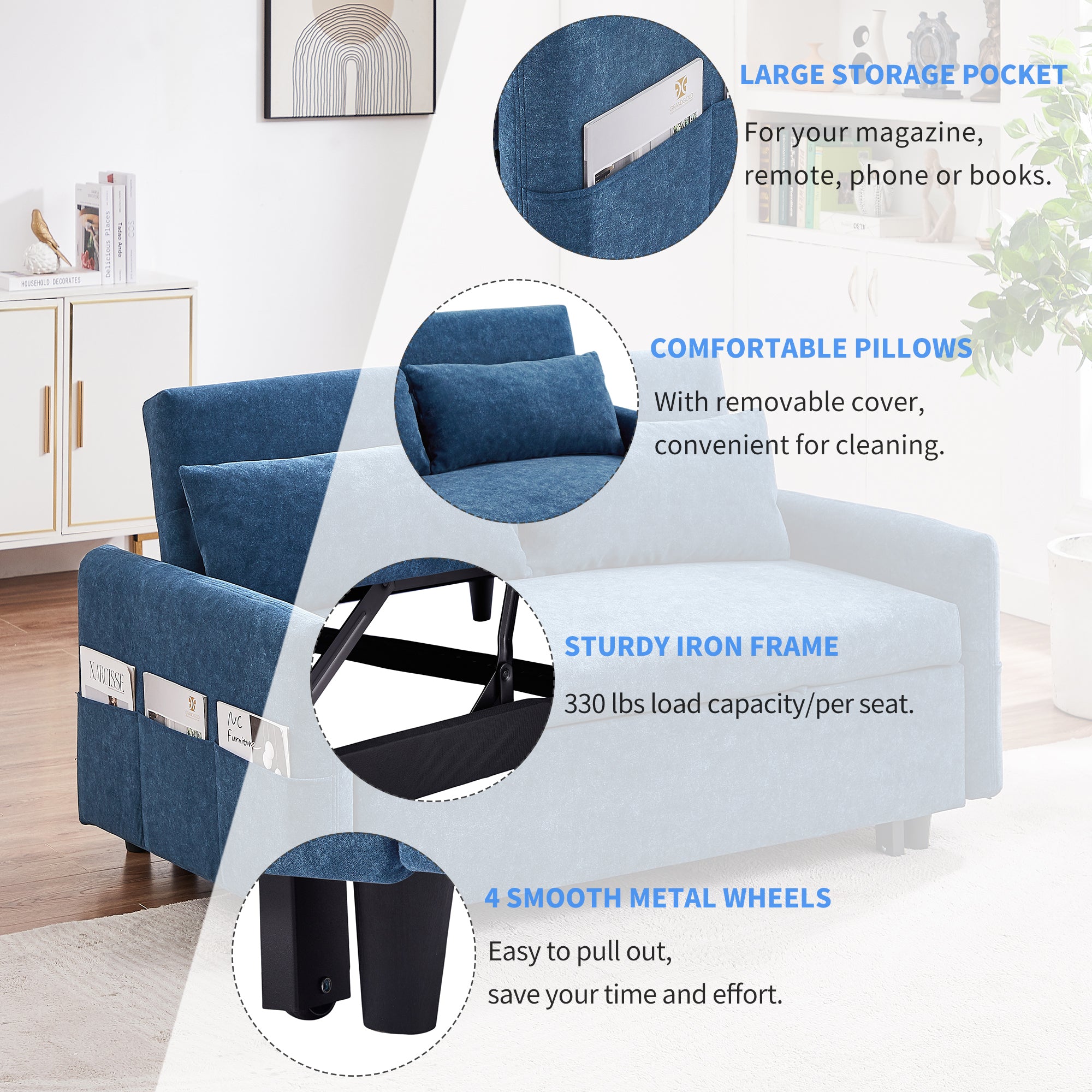 55.1" Pull Out Sleep Sofa Bed Loveseats Sofa Couch with Adjsutable Backrest, Storage Pockets, 2 Soft Pillows, USB Ports for Living Room, Bedroom, Apartment, Office, Blue (Old SKU WF307821AAC)