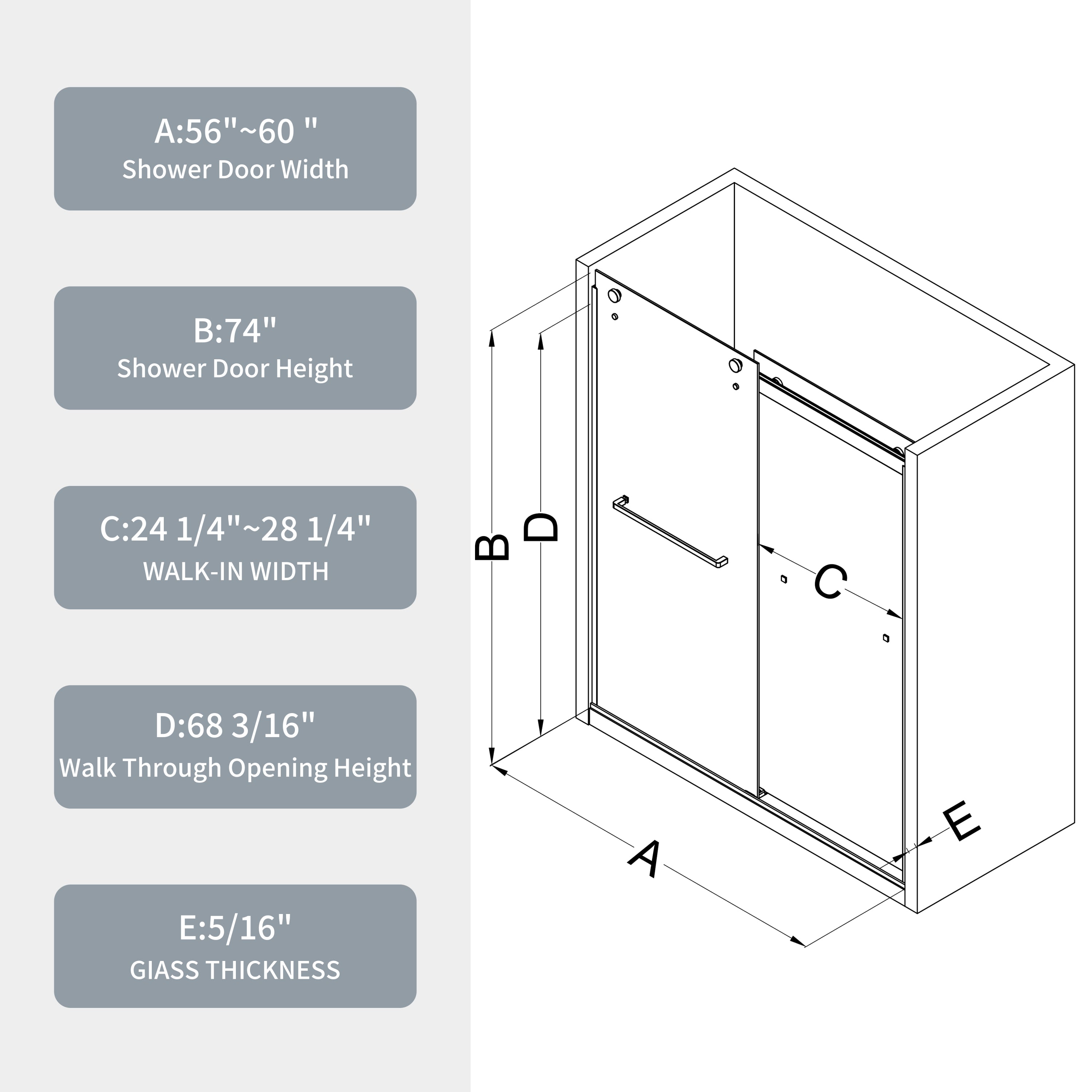 (56-60"W x 74"H) Bypass shower door, sliding door, with 5/16" tempered glass and Brushed Nickel  finish 6074