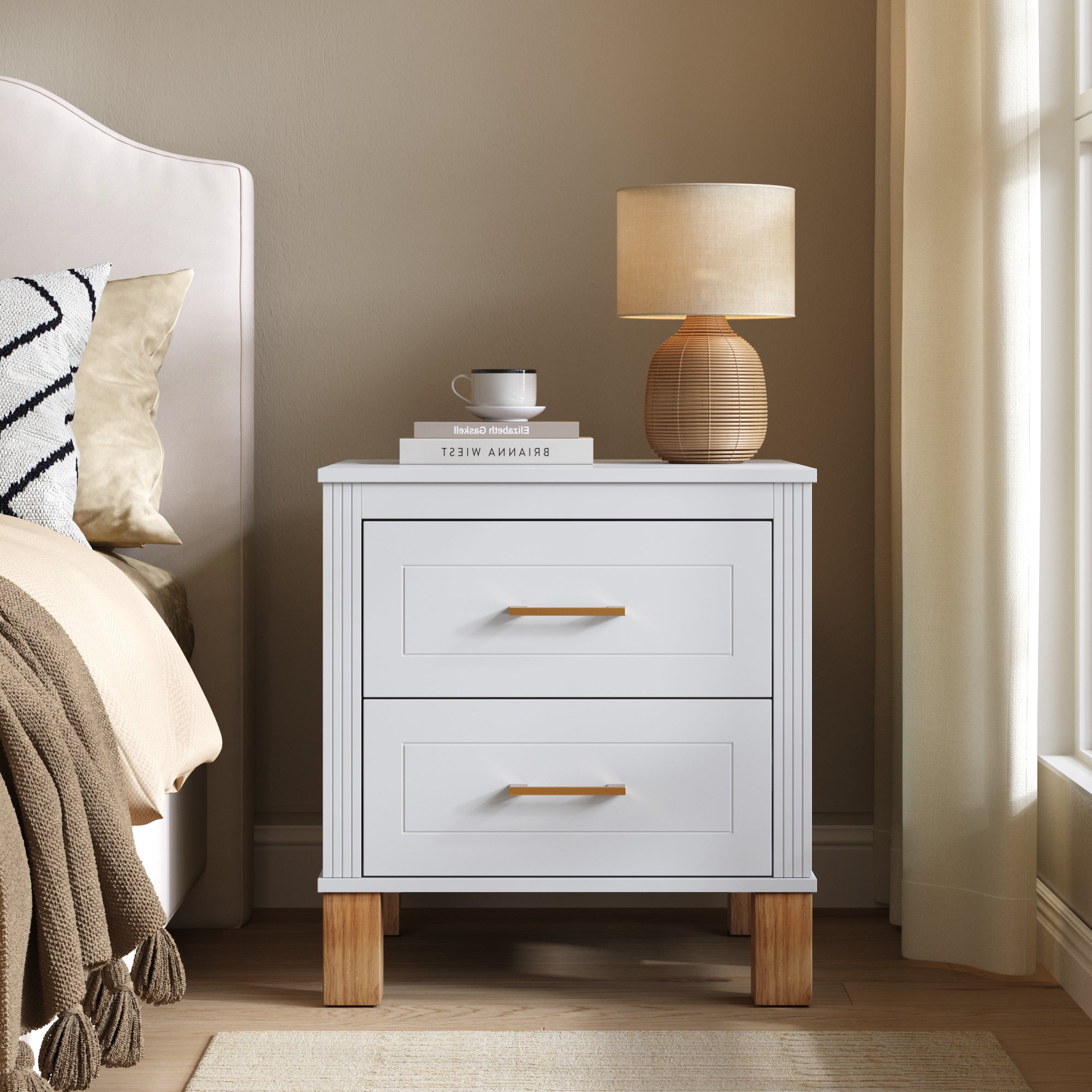 White fluted nightstand with metal handles, angled view