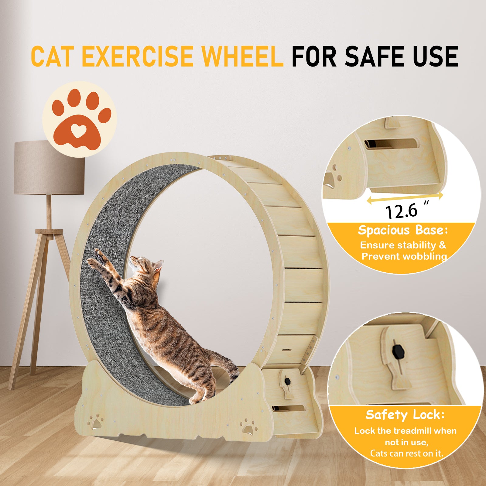 Large Cat Exercise Wheel 40 Inch, Solid Wood Cat Wheel Exerciser for Indoor Cats, Safety Cat Treadmill with Lock & Minimized Gap Design