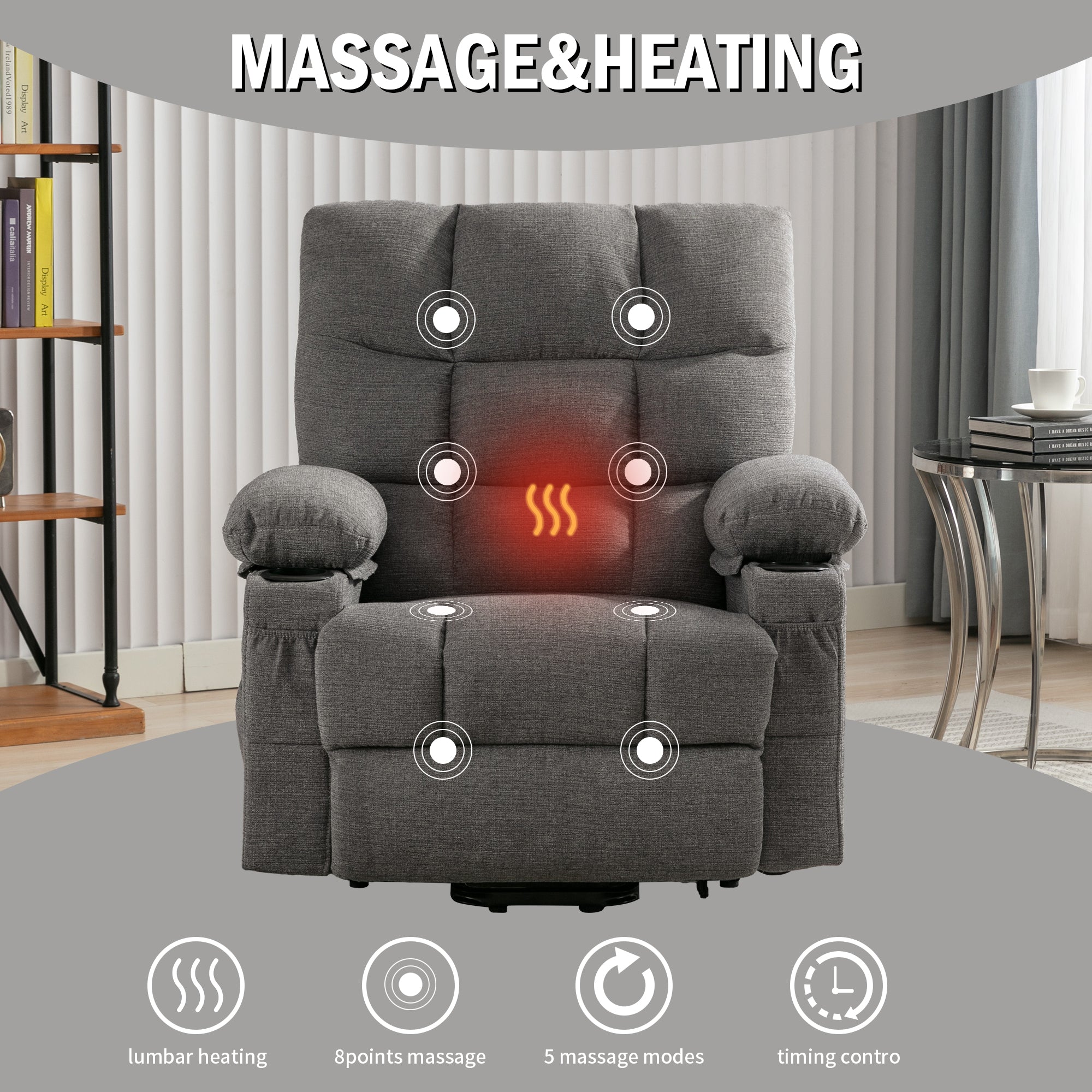 Power Lift Recliner Chair Recliners for Elderly with Heat and Massage Recliner Chair for Living Room with Infinite Position and Side Pocket,USB Charge Port.SMOKYGREY