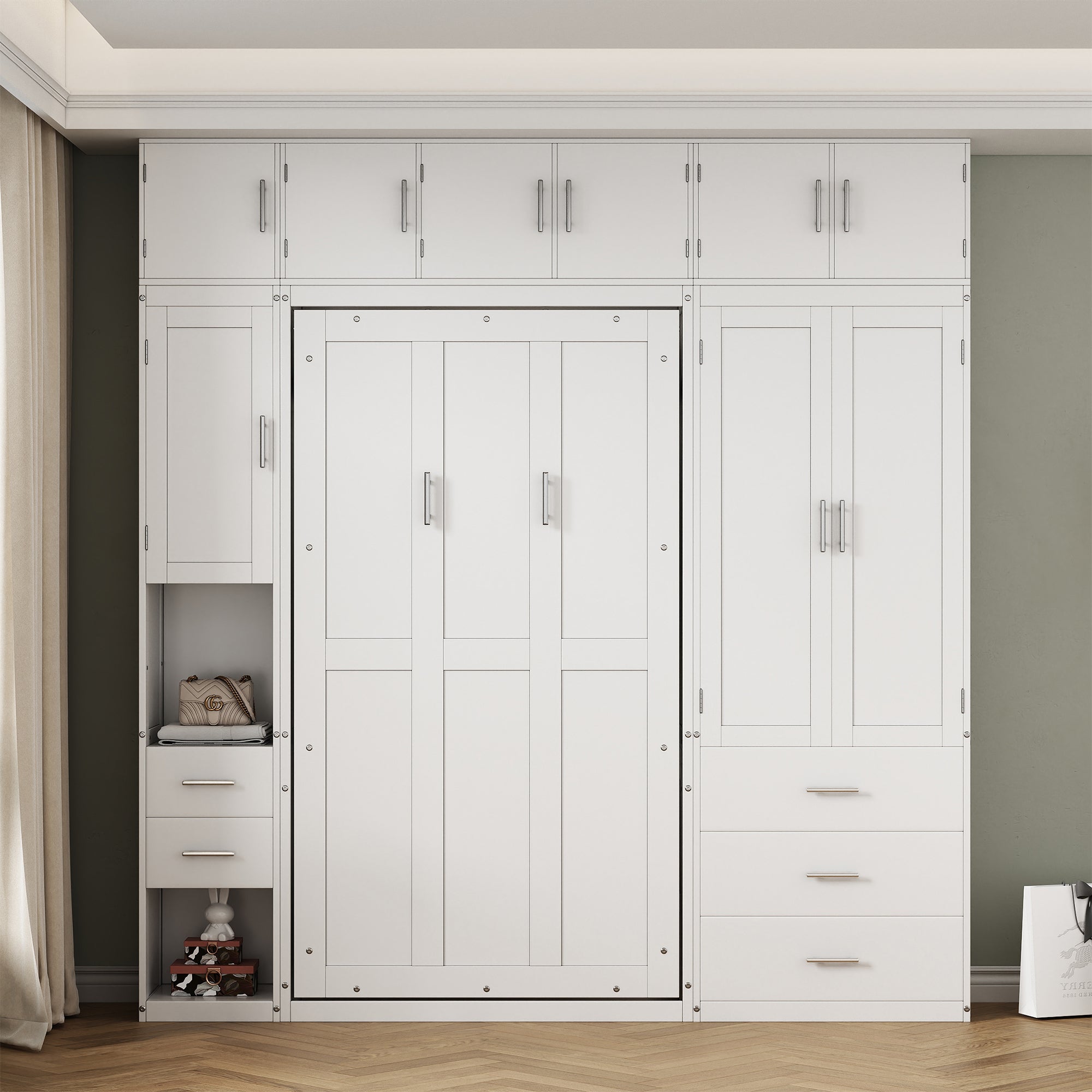 Twin Size Murphy Bed with Lockers and Wardrobes, With installation video, White