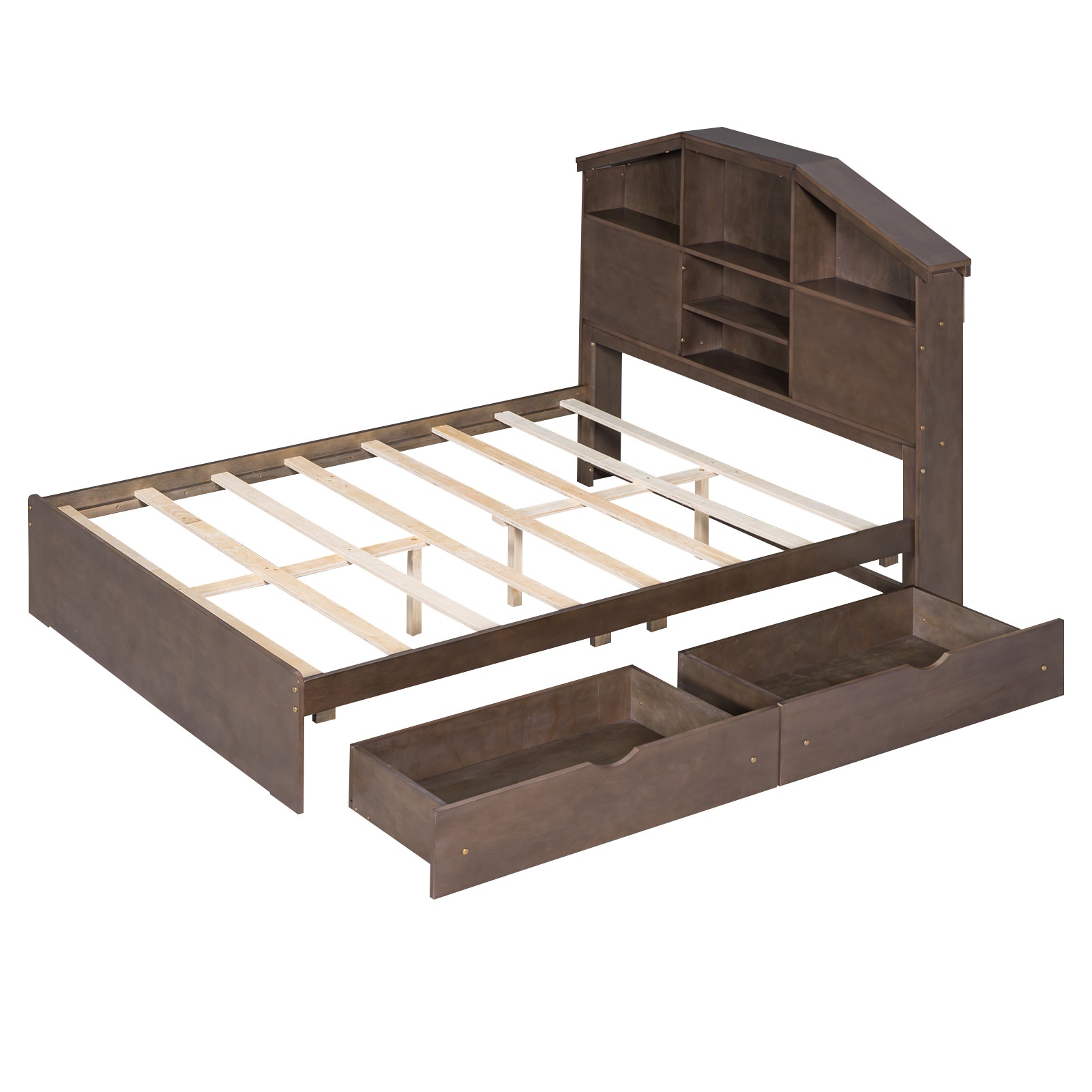 Full Size Wood Platform Bed with House-shaped Storage Headboard and 2 Drawers, Walnut