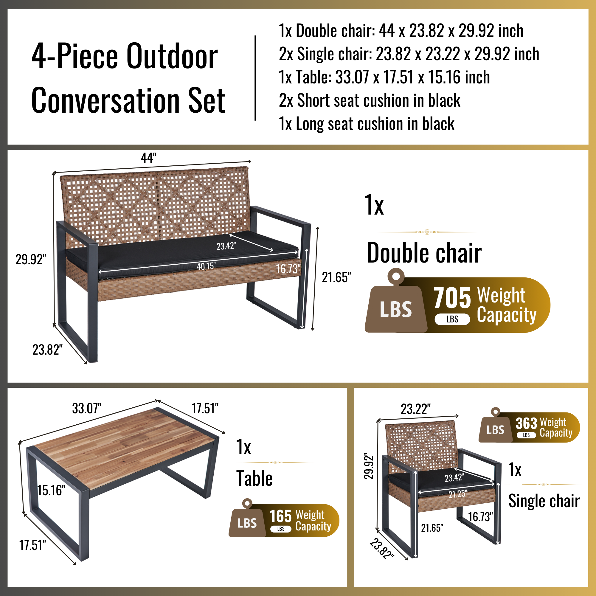 4-Piece Patio Furniture Set Outdoor Balcony Porch Garden Backyard Lawn Furniture Acacia Wood Table Top, Morden Black and Light Brown