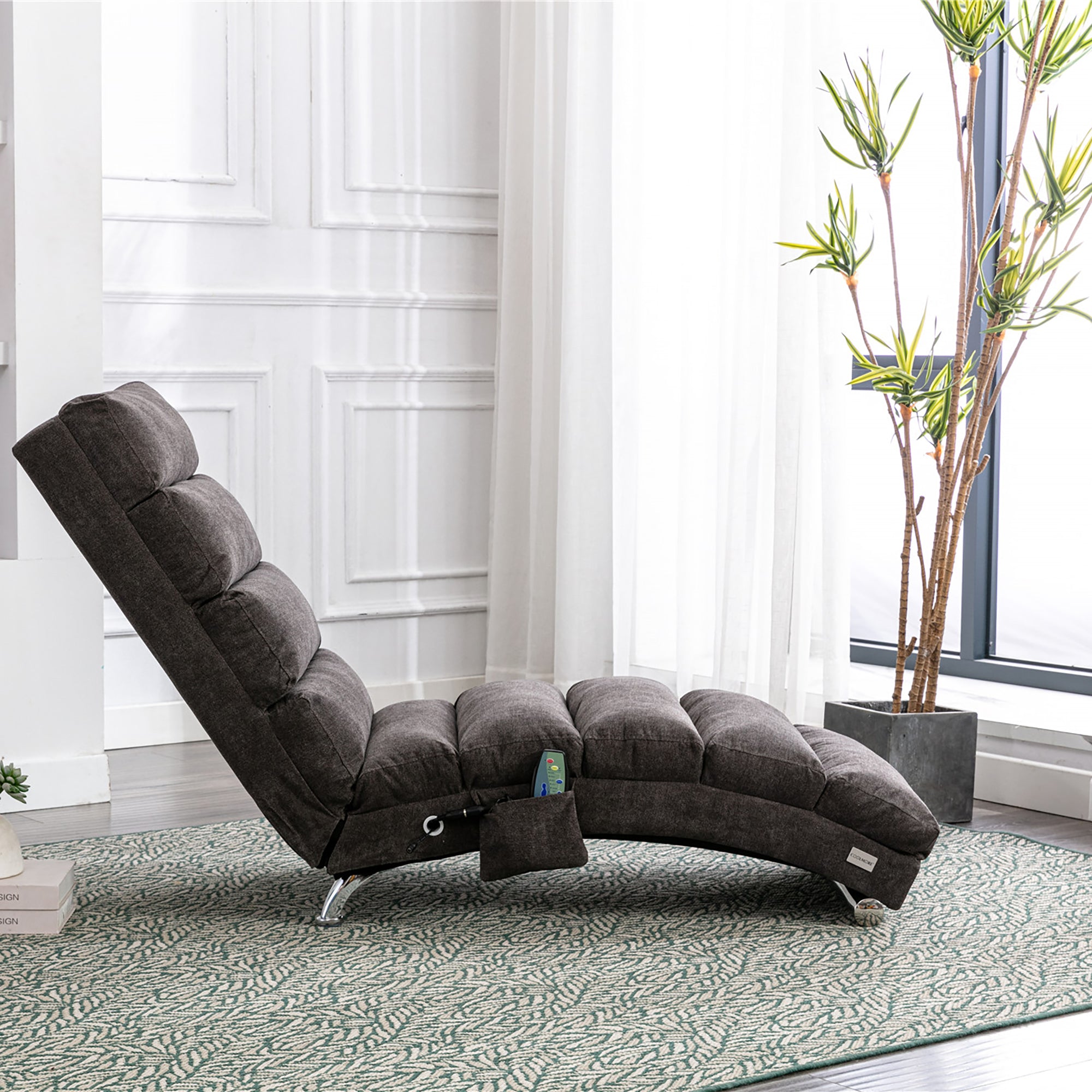 Modern chaise lounge recliner with vibration feature, upholstery detail