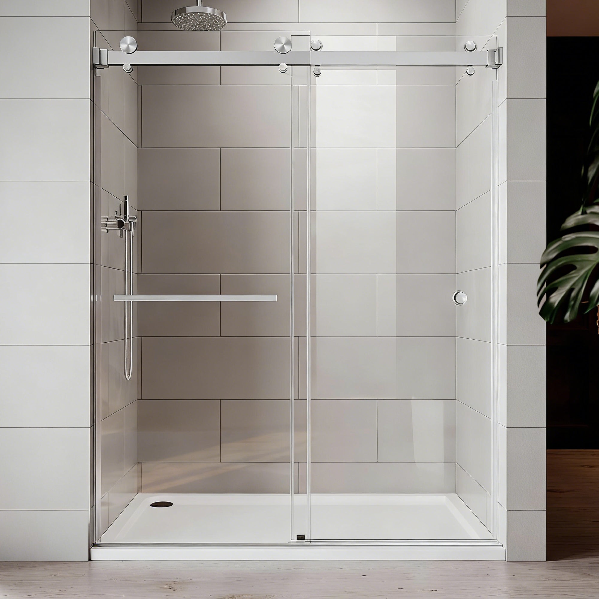 Frameless double sliding shower door 55-59 inch brushed nickel front view