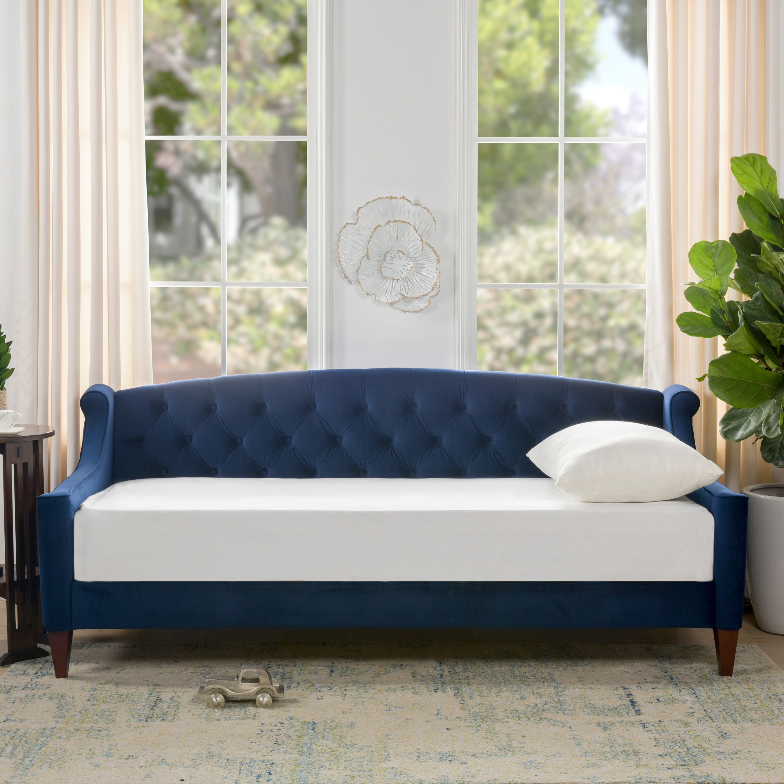 Lucy Upholstered Button Tufted Sofa Bed, Navy Blue Velvet