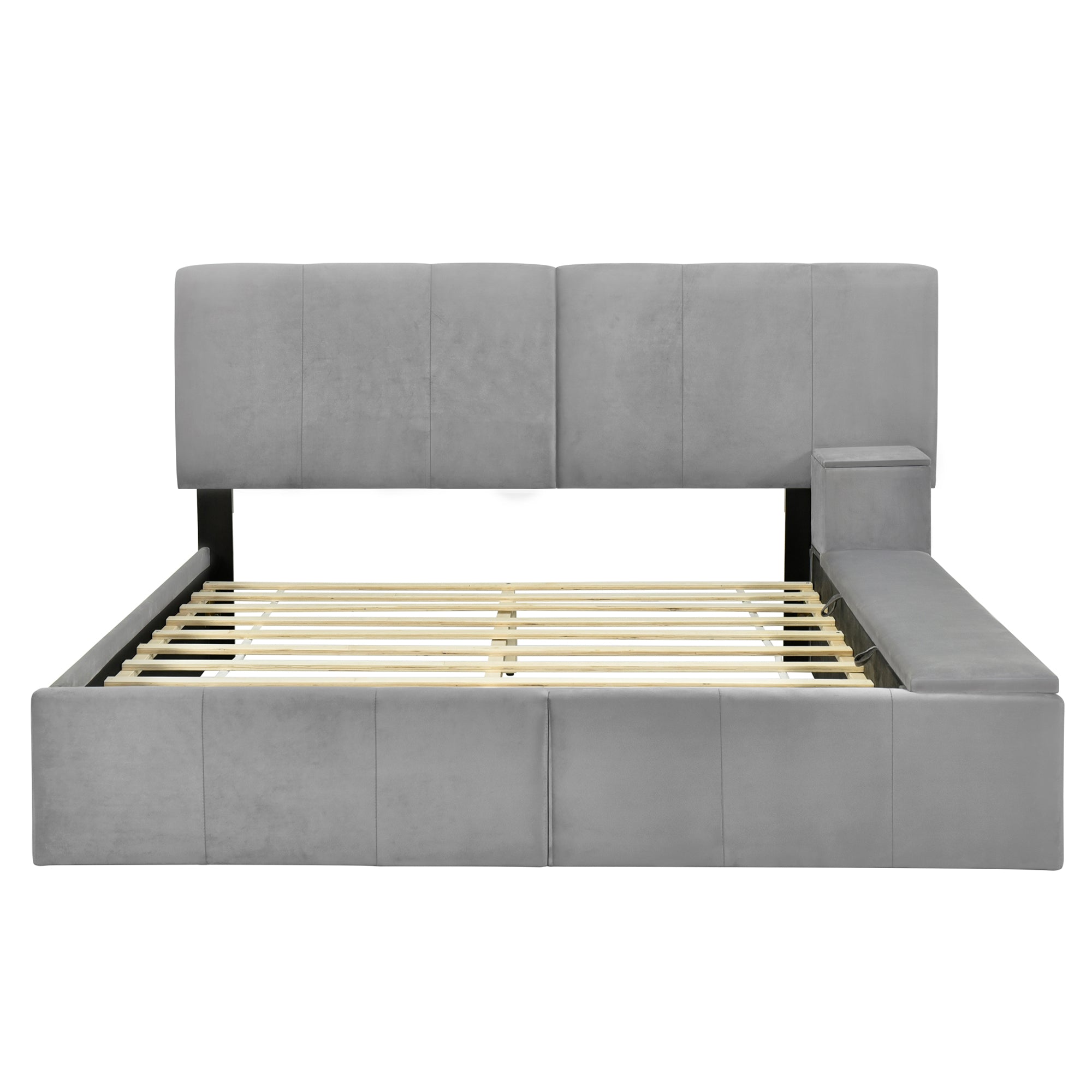 Queen Size Upholstered Platform Bed with Lateral Storage Compartments and Thick Fabric, Velvet, Gray